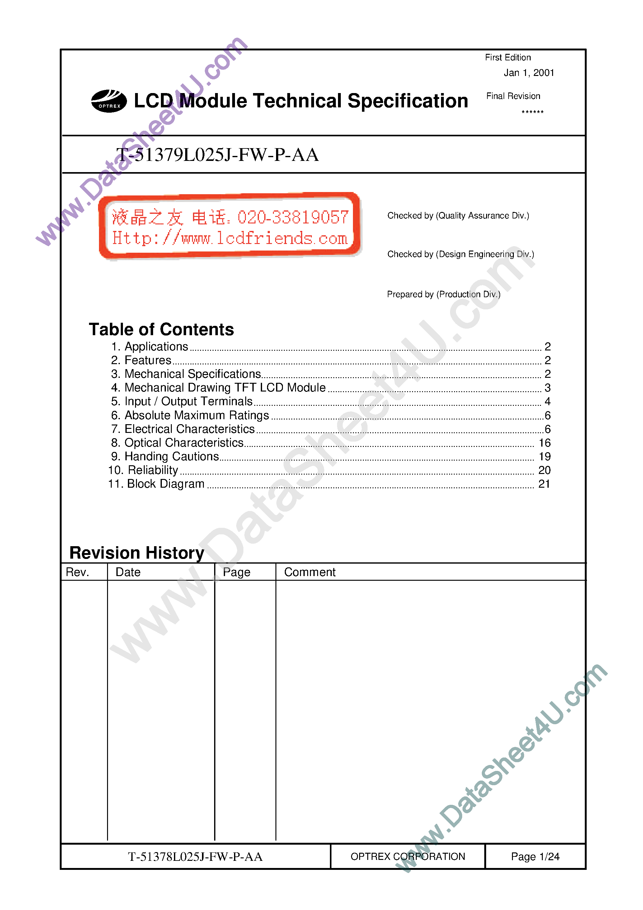 Datasheet T-51379L025J_FW_P_AA page 1 Datasheet T-51379L025J_FW_P_AA - TFT LCD MODULE page 1