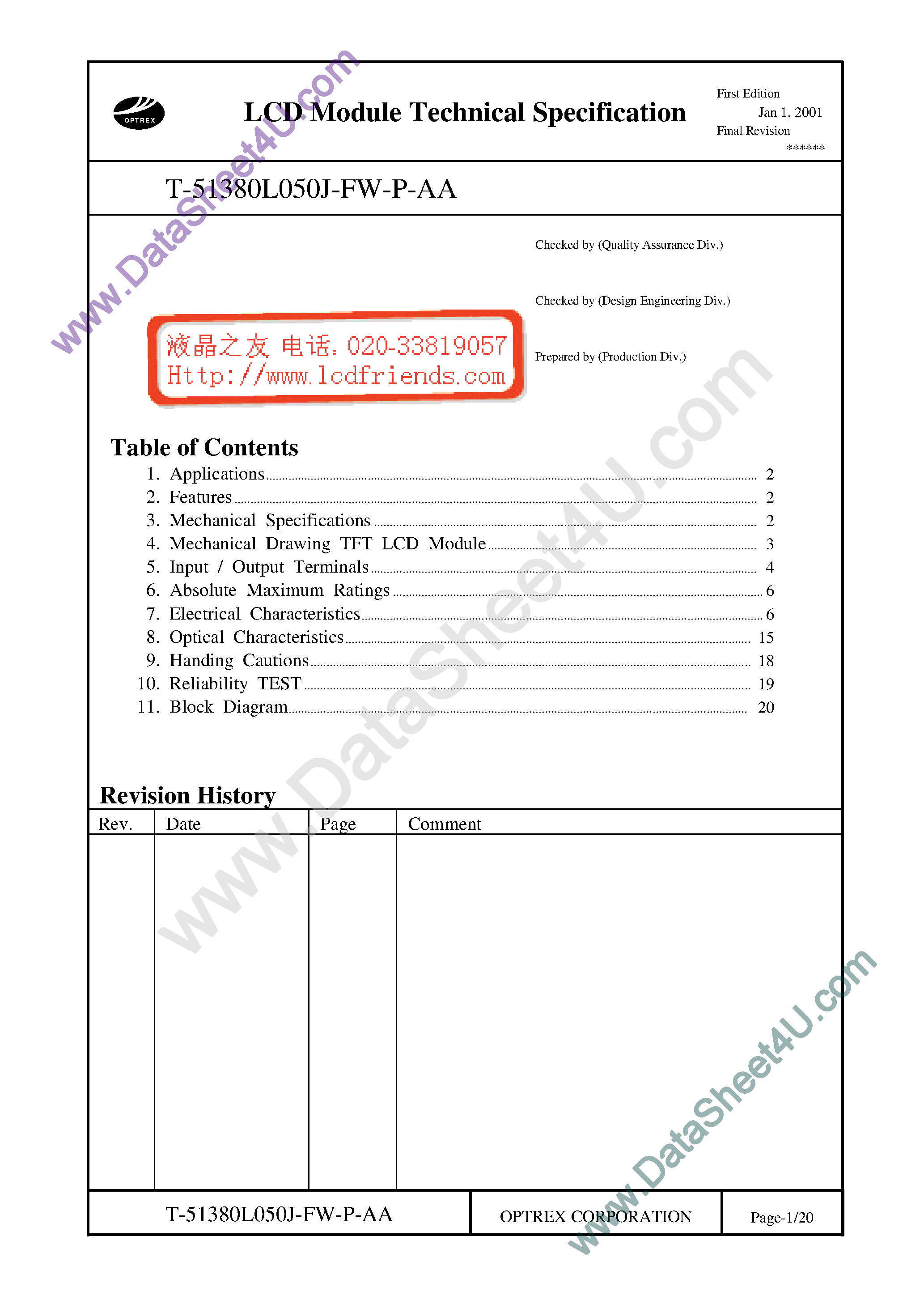 Datasheet T-51380L050J_FW_P_AA page 1 Datasheet T-51380L050J_FW_P_AA - TFT LCD MODULE page 1