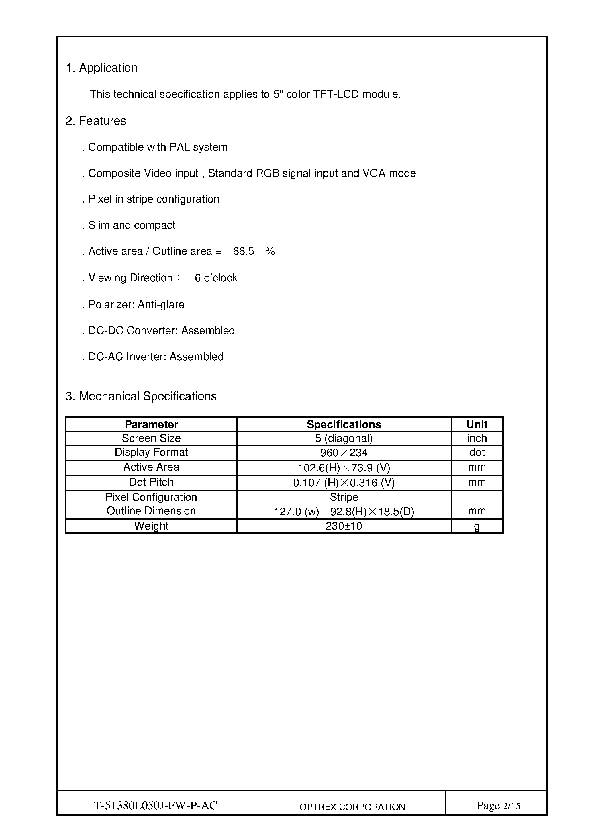 Datasheet T-51380L050J_FW_P_AC page 2 Datasheet T-51380L050J_FW_P_AC - TFT LCD MODULE page 2