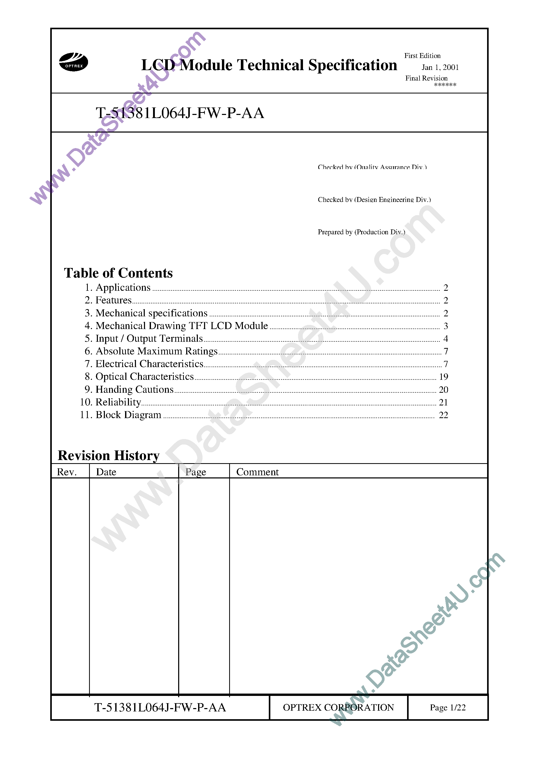 Datasheet t-51381l064j - TFT LCD MODULE page 1