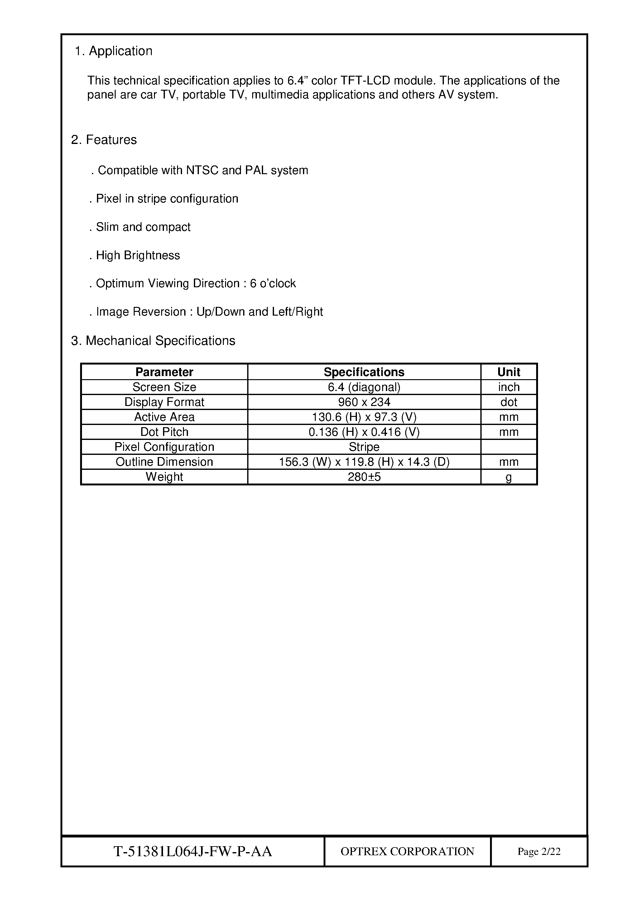 Datasheet T-51381L064J_FW_P_AA page 2 Datasheet T-51381L064J_FW_P_AA - TFT LCD MODULE page 2