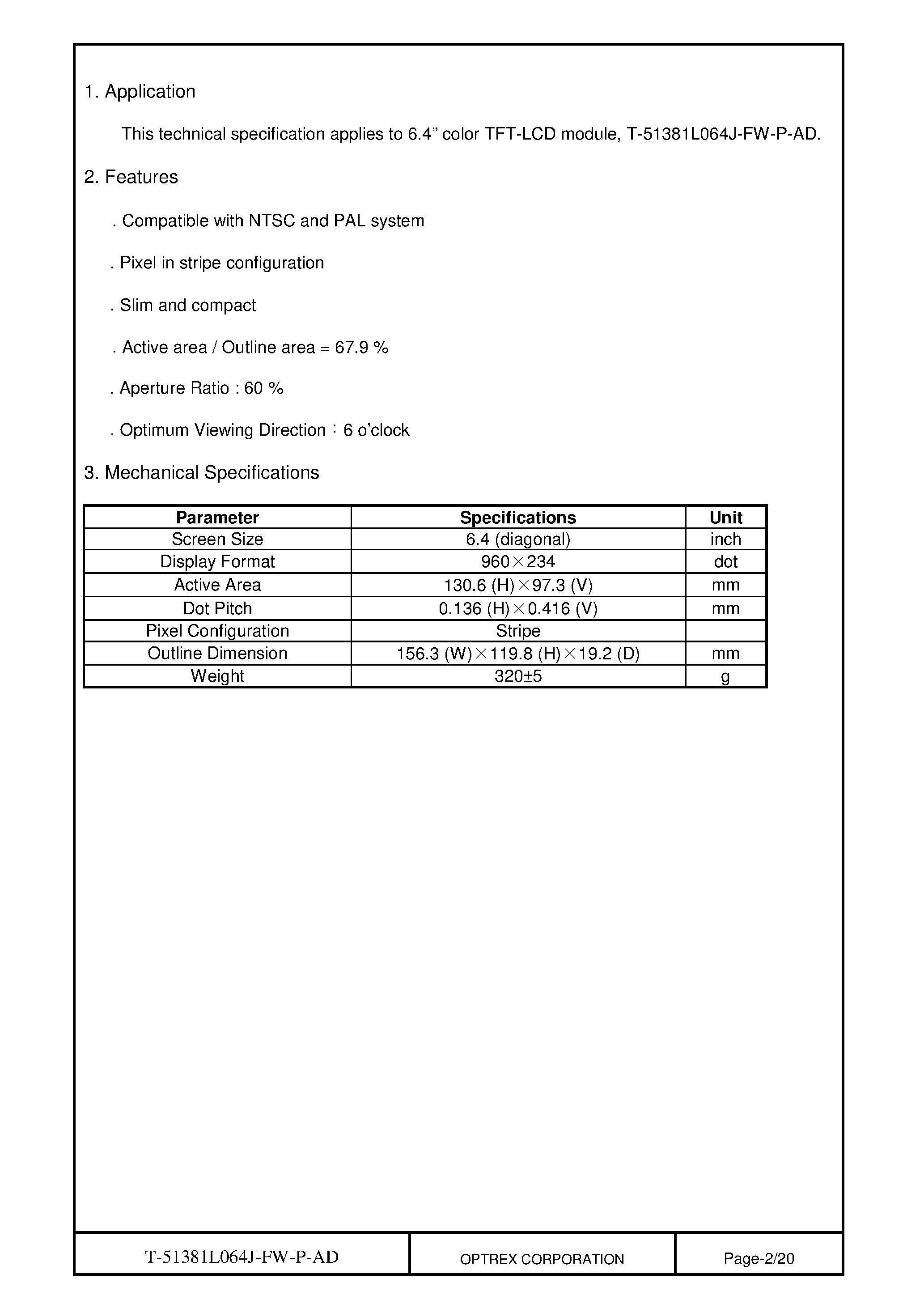 Datasheet T-51381L064J_FW_P_AD page 2 Datasheet T-51381L064J_FW_P_AD - TFT LCD MODULE page 2