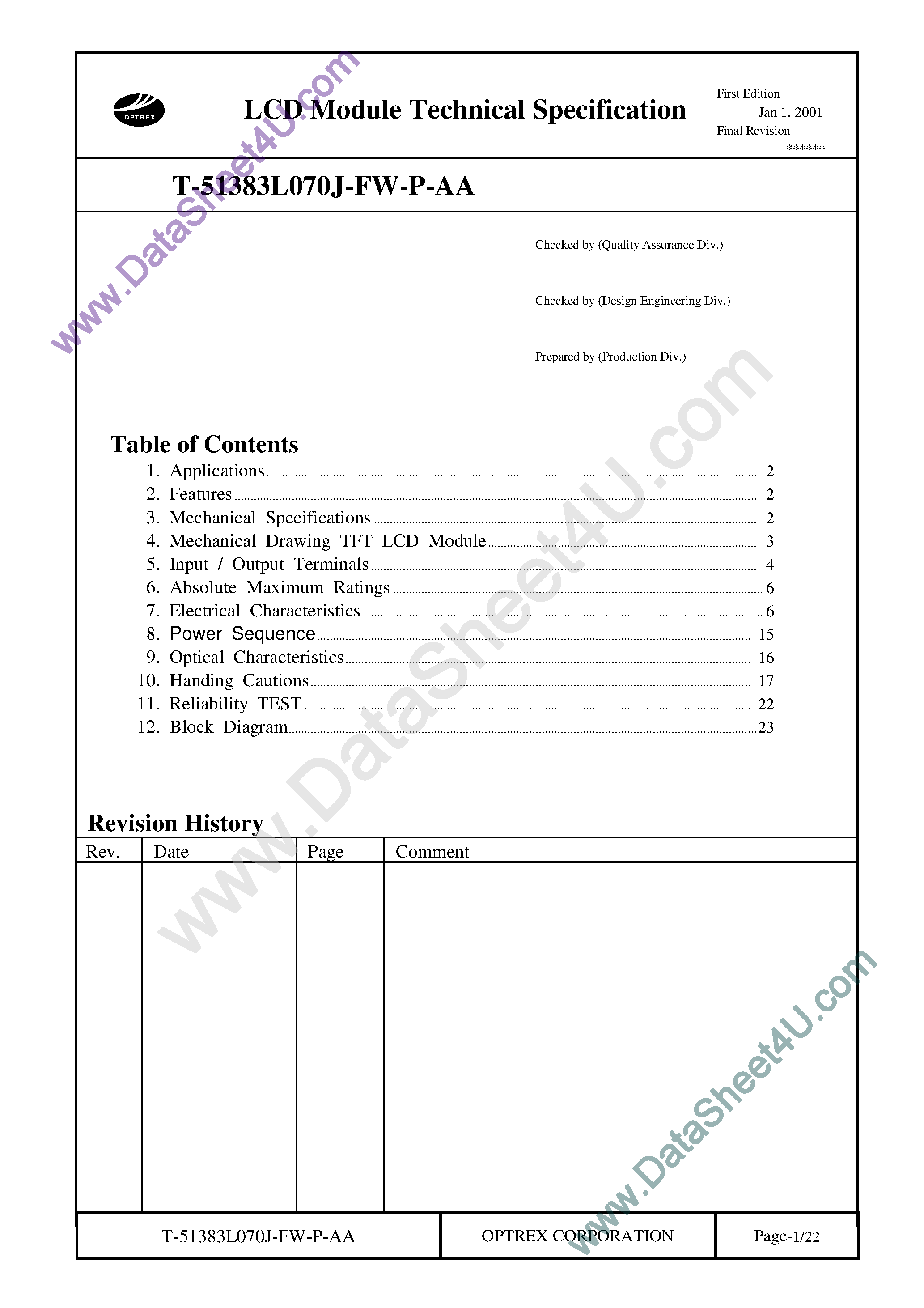Datasheet T-51383L070J_FW_P_AA page 1 Datasheet T-51383L070J_FW_P_AA - TFT LCD MODULE page 1