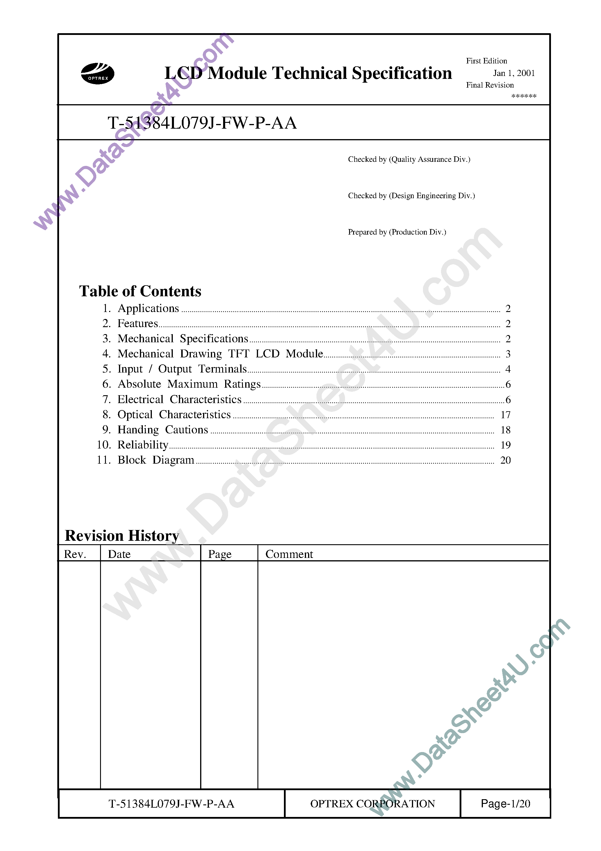 Datasheet T-51384L079J_FW_P_AA page 1 Datasheet T-51384L079J_FW_P_AA - TFT LCD MODULE page 1