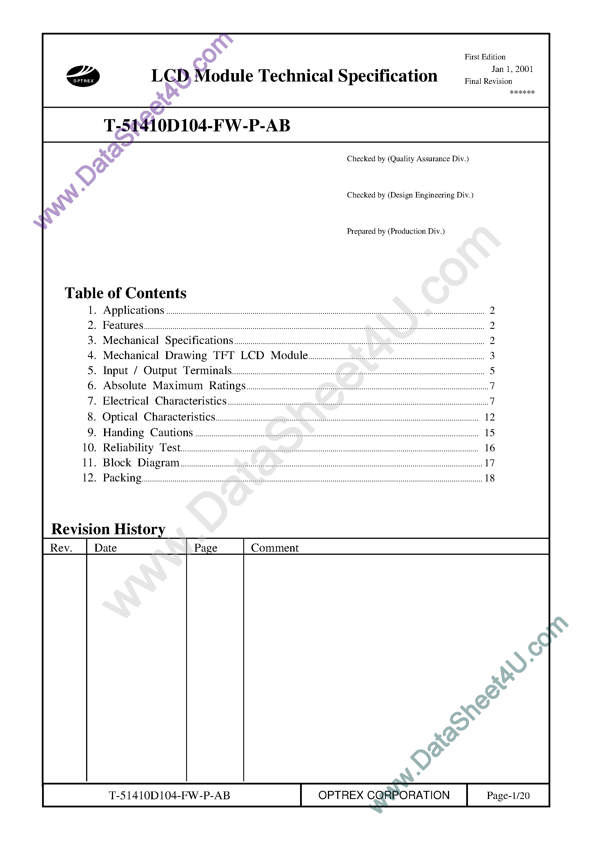 Datasheet T-51410D104_FW_P_AB - TFT LCD MODULE page 1