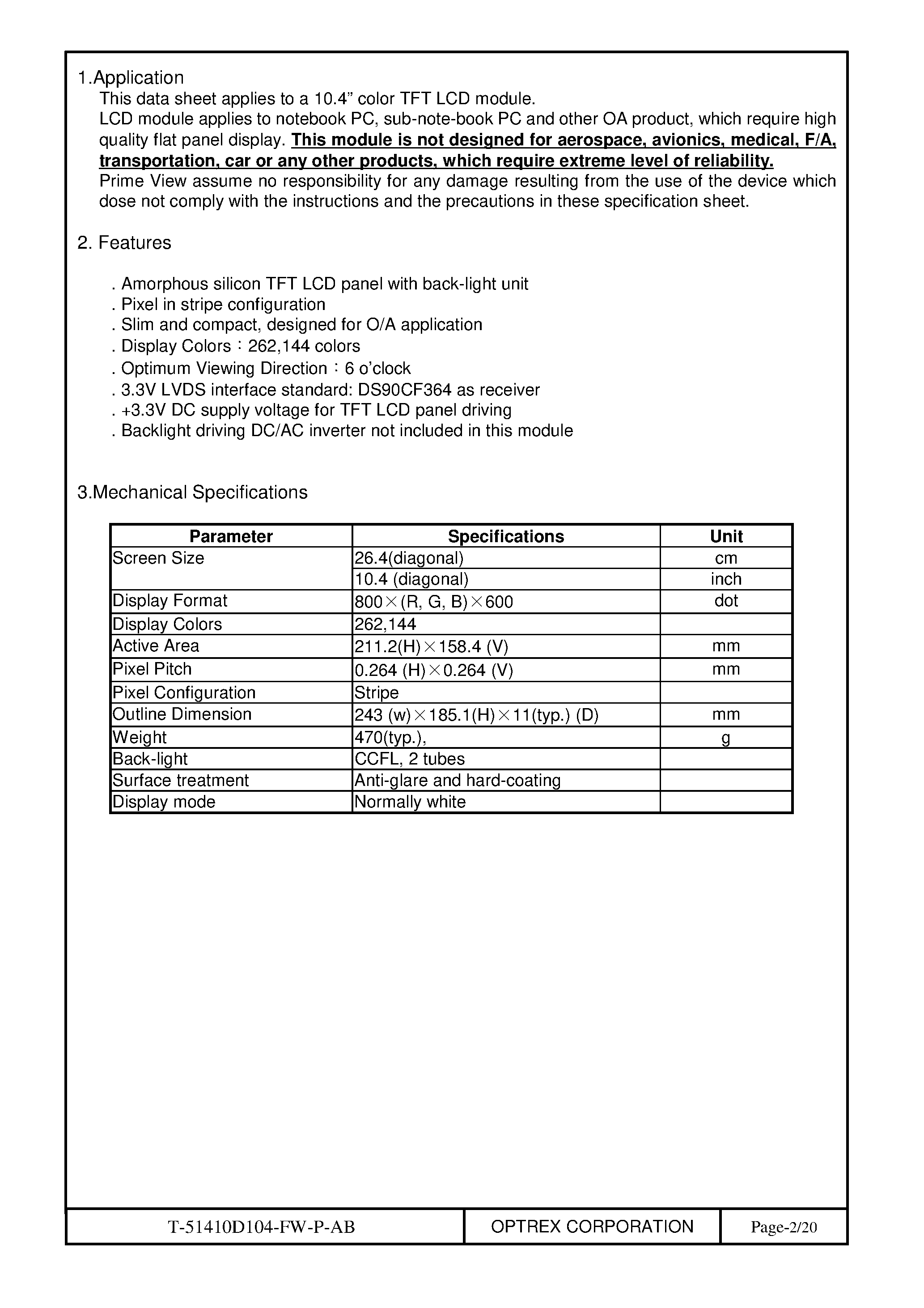 Datasheet T-51410D104_FW_P_AB - TFT LCD MODULE page 2