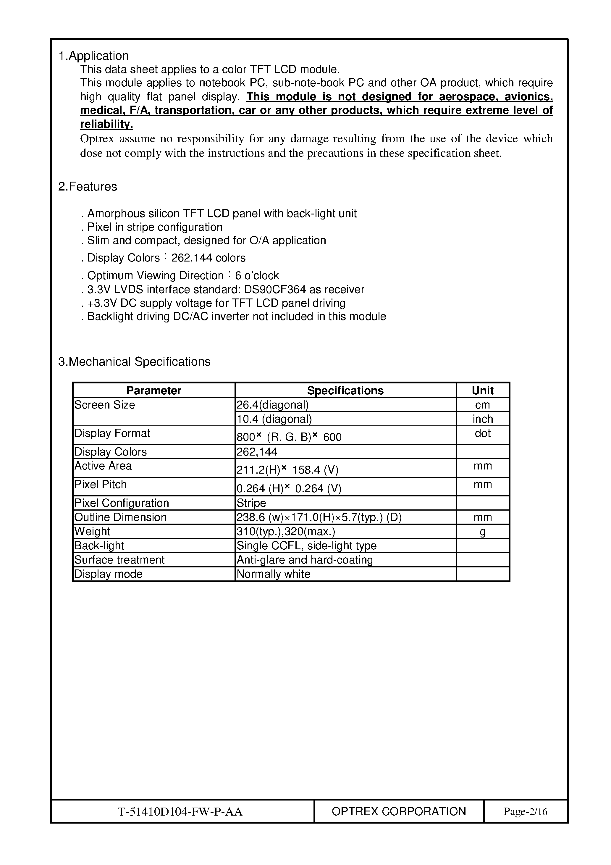 Datasheet T-51410D104_FW_R_AA page 2 Datasheet T-51410D104_FW_R_AA - TFT LCD MODULE page 2