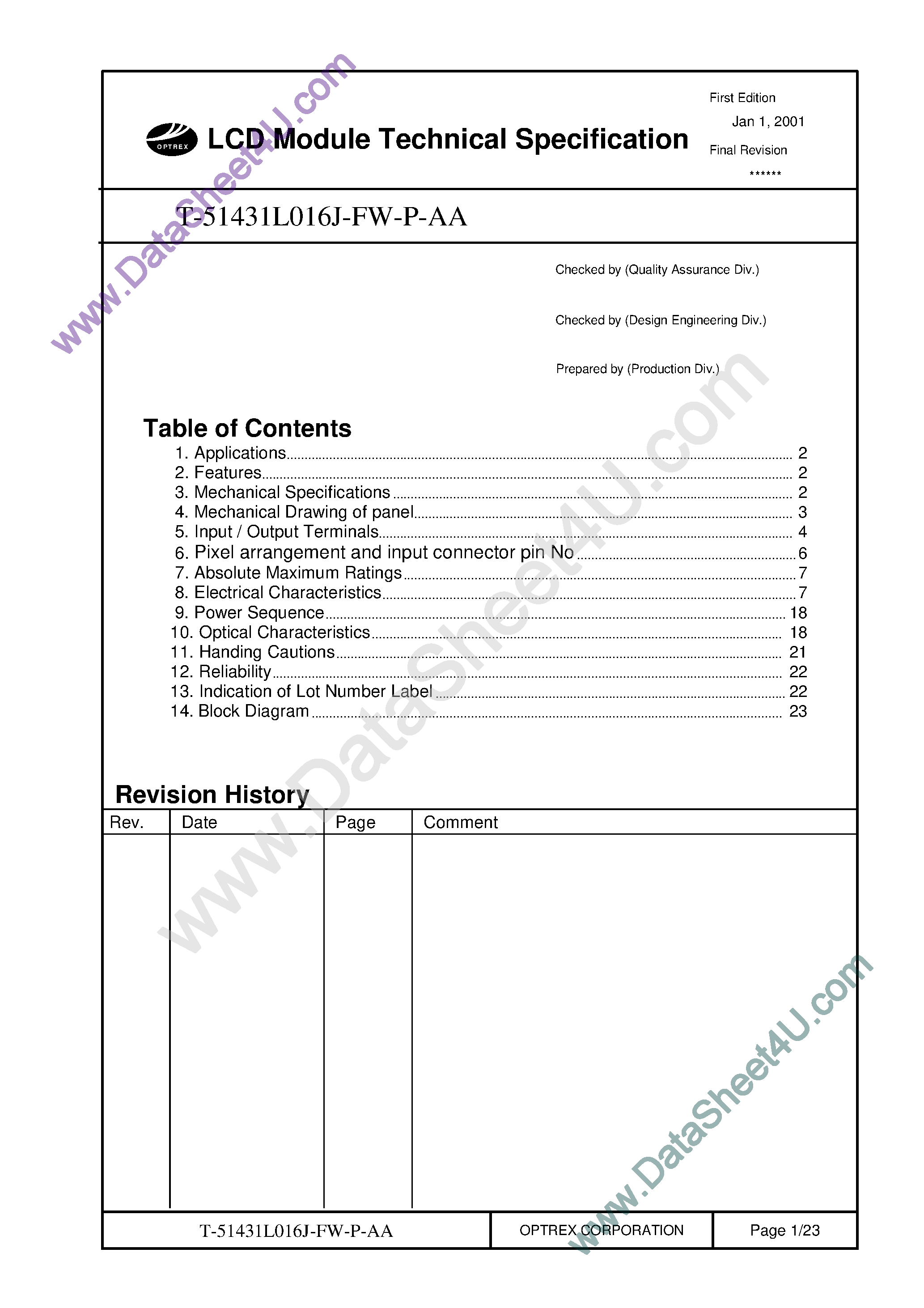 Datasheet T-51431L016J_FW_P_AA - TFT LCD MODULE page 1