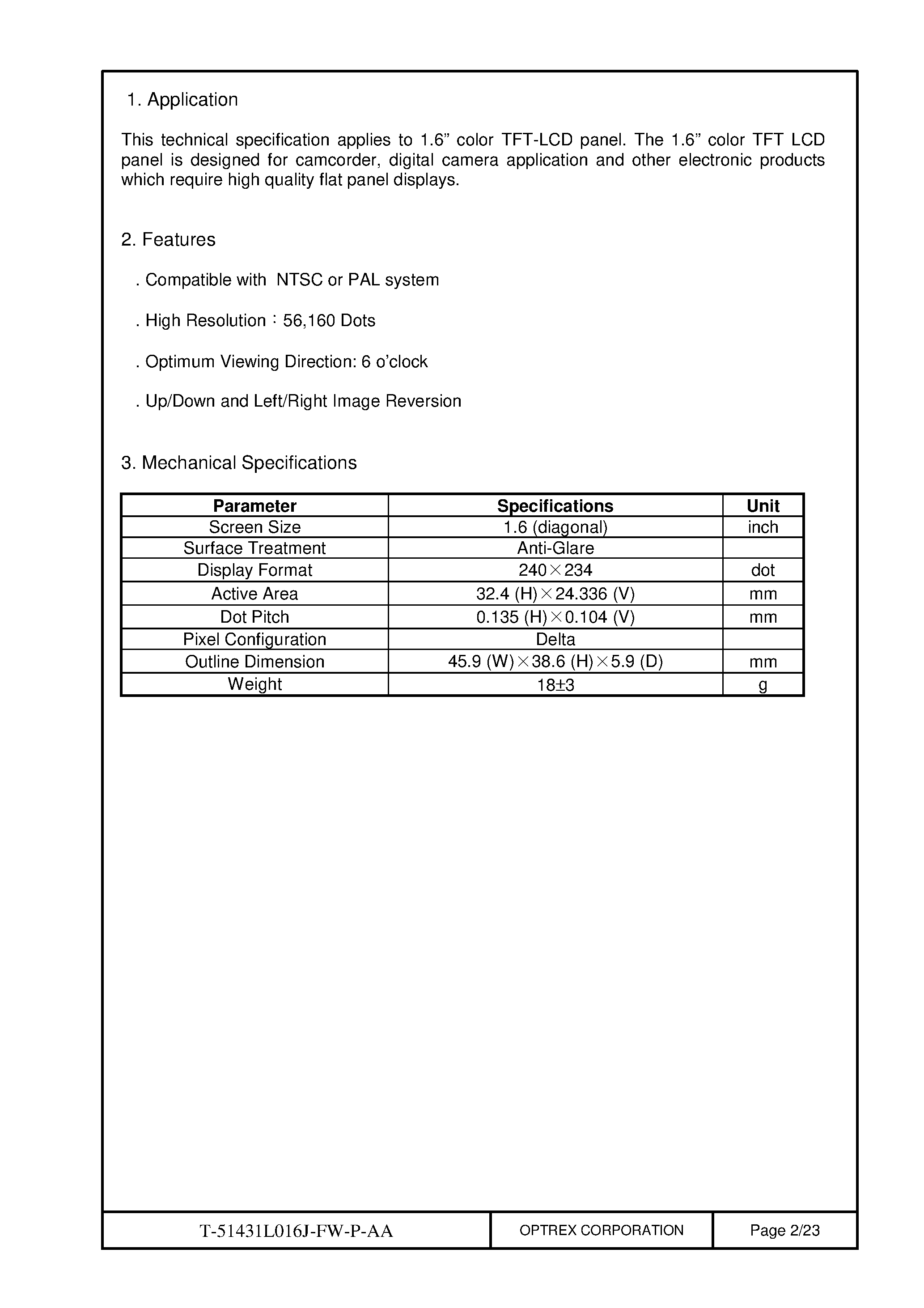 Datasheet T-51431L016J_FW_P_AA - TFT LCD MODULE page 2