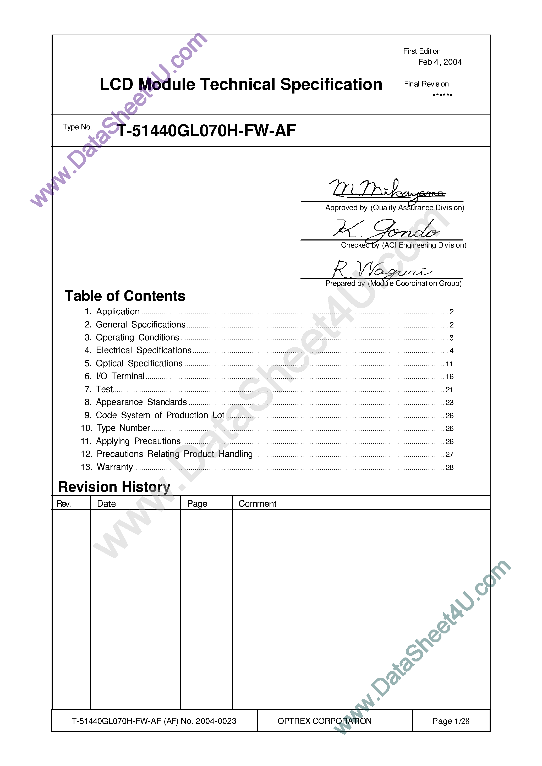 Datasheet T-51440GL070H_FW_AF page 1 Datasheet T-51440GL070H_FW_AF - TFT LCD MODULE page 1