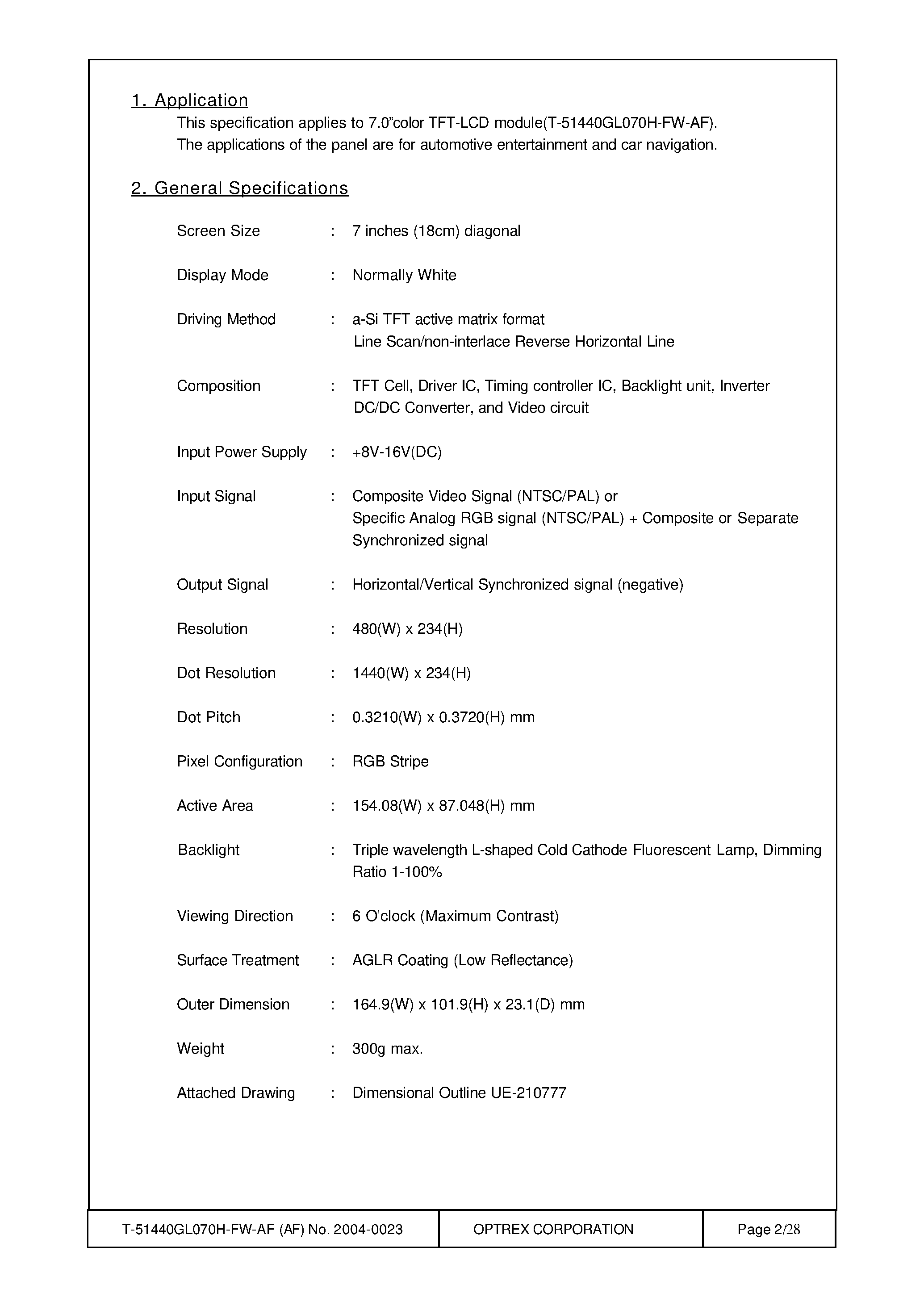Datasheet T-51440GL070H_FW_AF page 2 Datasheet T-51440GL070H_FW_AF - TFT LCD MODULE page 2