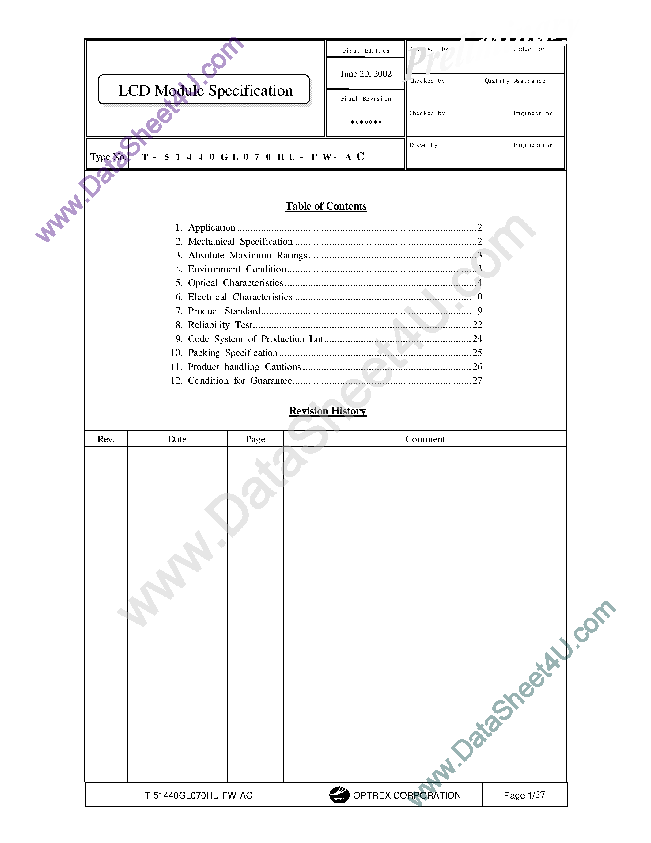 Datasheet T-51440GL070HU_FW_AC page 1 Datasheet T-51440GL070HU_FW_AC - TFT LCD MODULE page 1
