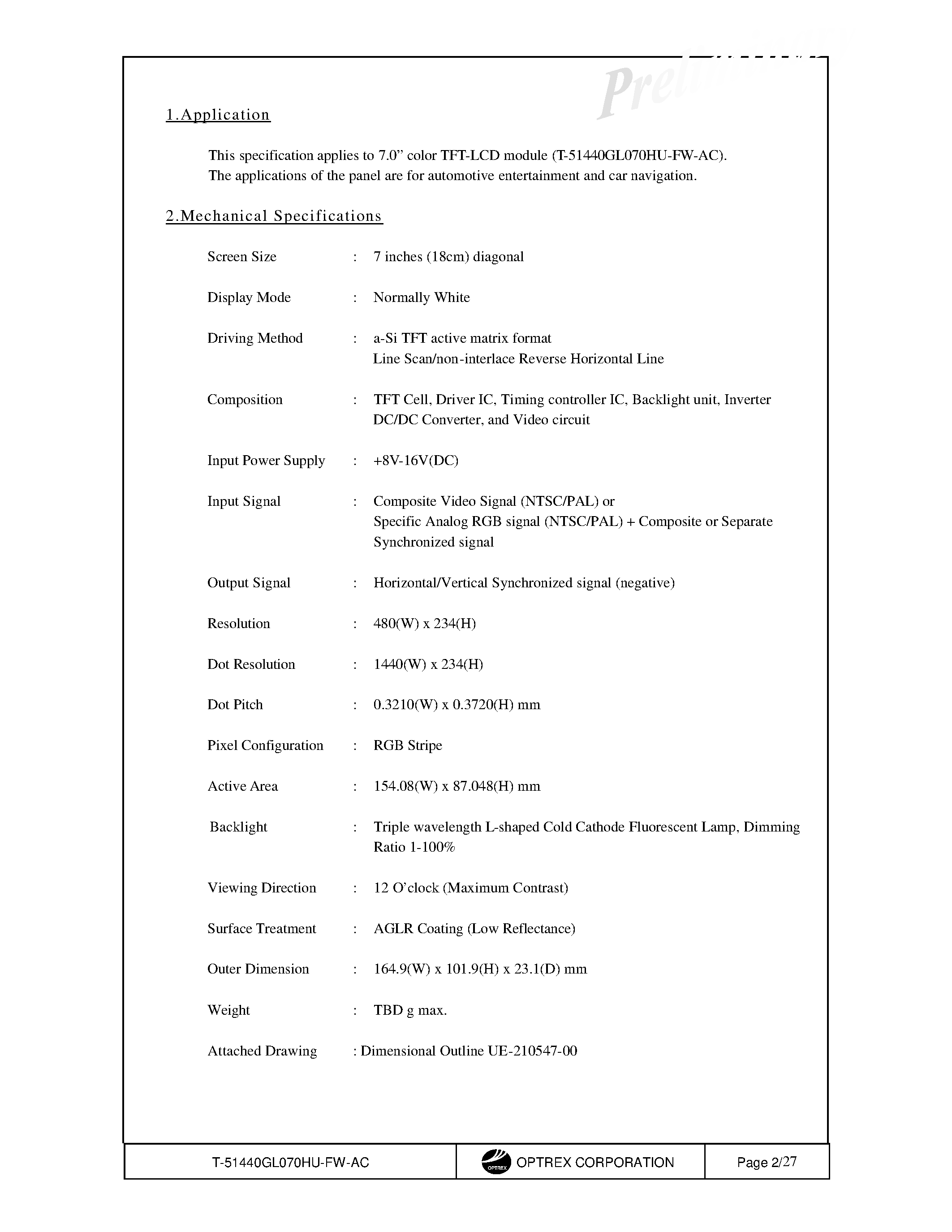 Datasheet T-51440GL070HU_FW_AC page 2 Datasheet T-51440GL070HU_FW_AC - TFT LCD MODULE page 2
