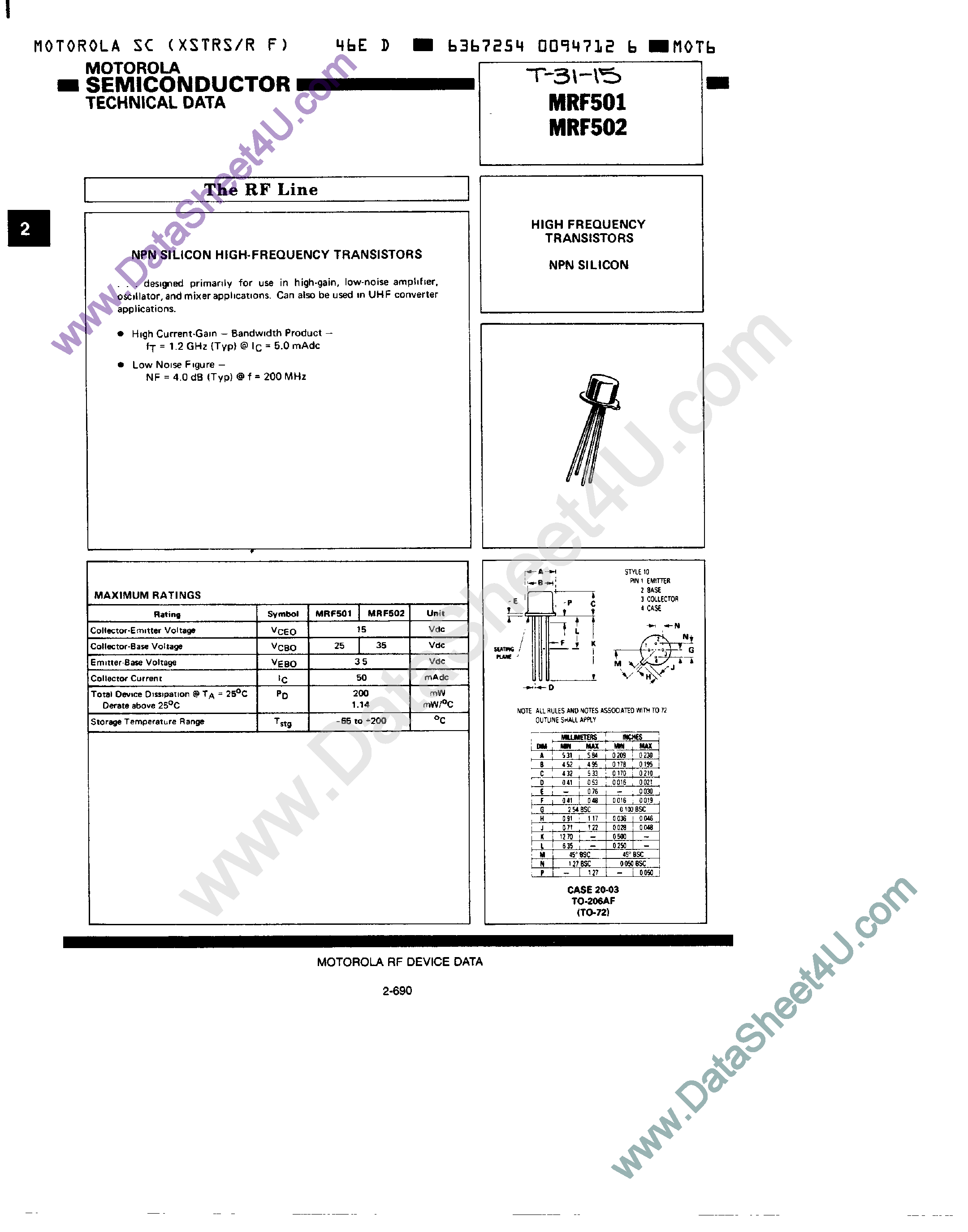 Datasheet MRF501 page 1 Datasheet MRF501 - (MRF501 / MRF502) High Frequency Transistors page 1