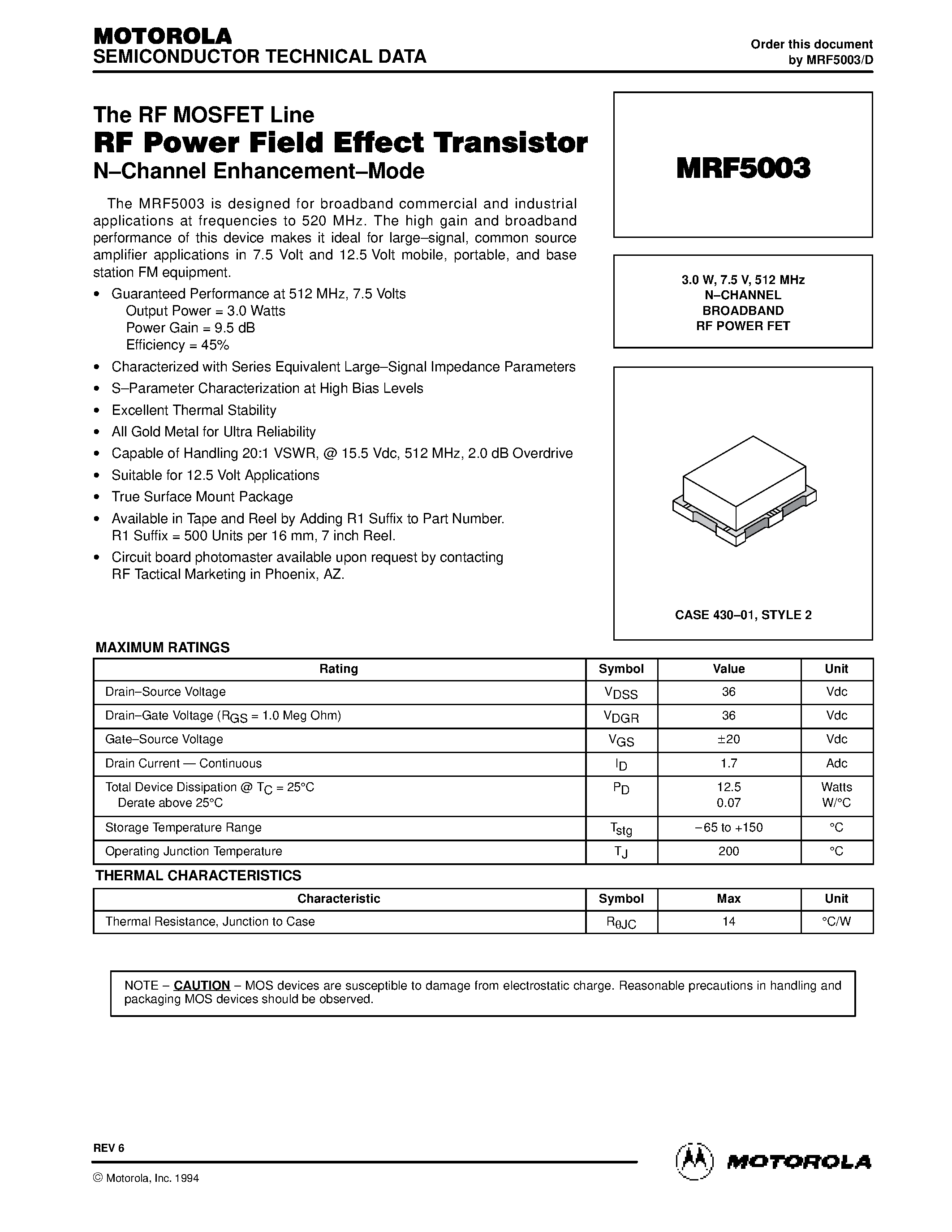 Datasheet MRF5003 - N-CHANNEL BROADBAND RF POWER FET page 1