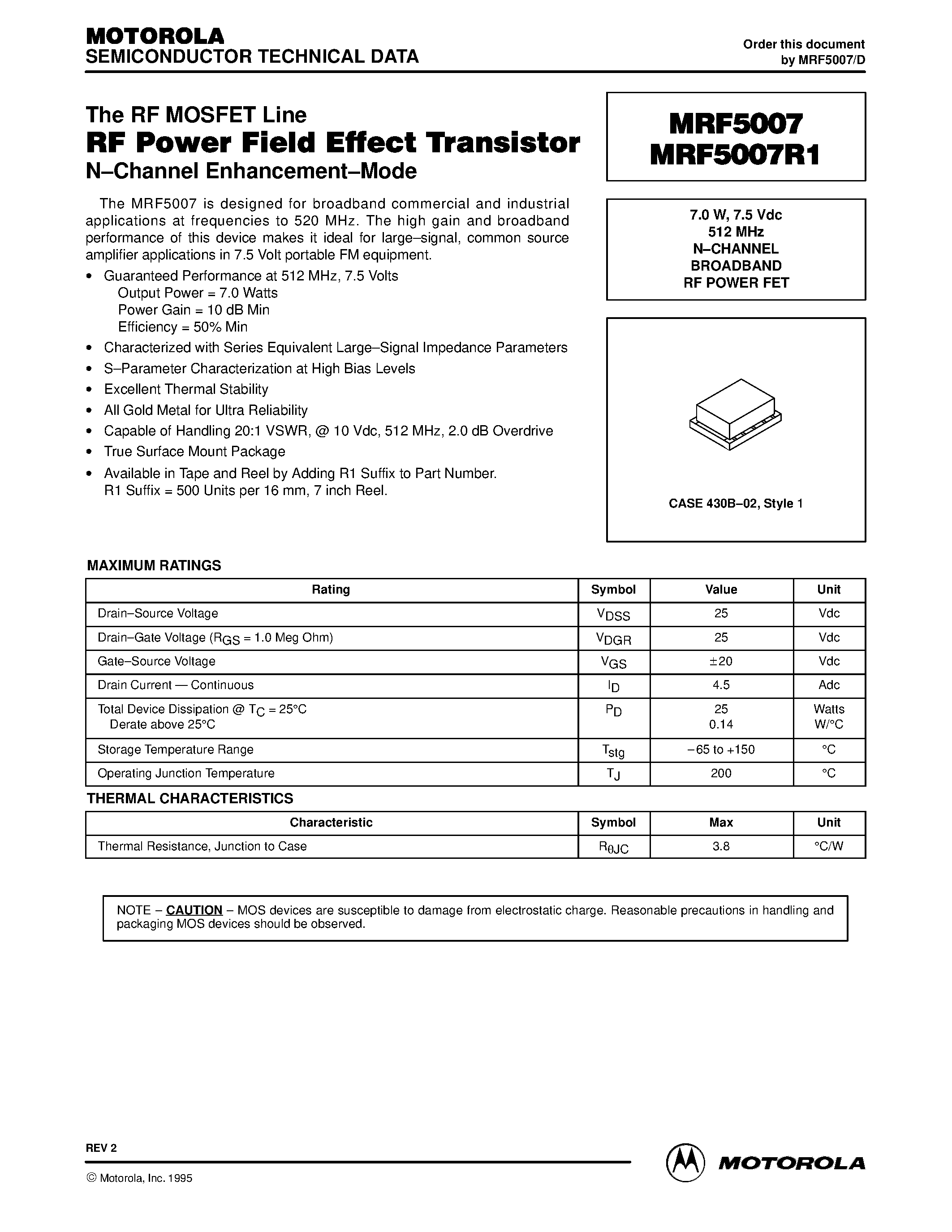 Datasheet MRF5007 - N-CHANNEL BROADBAND RF POWER FET page 1