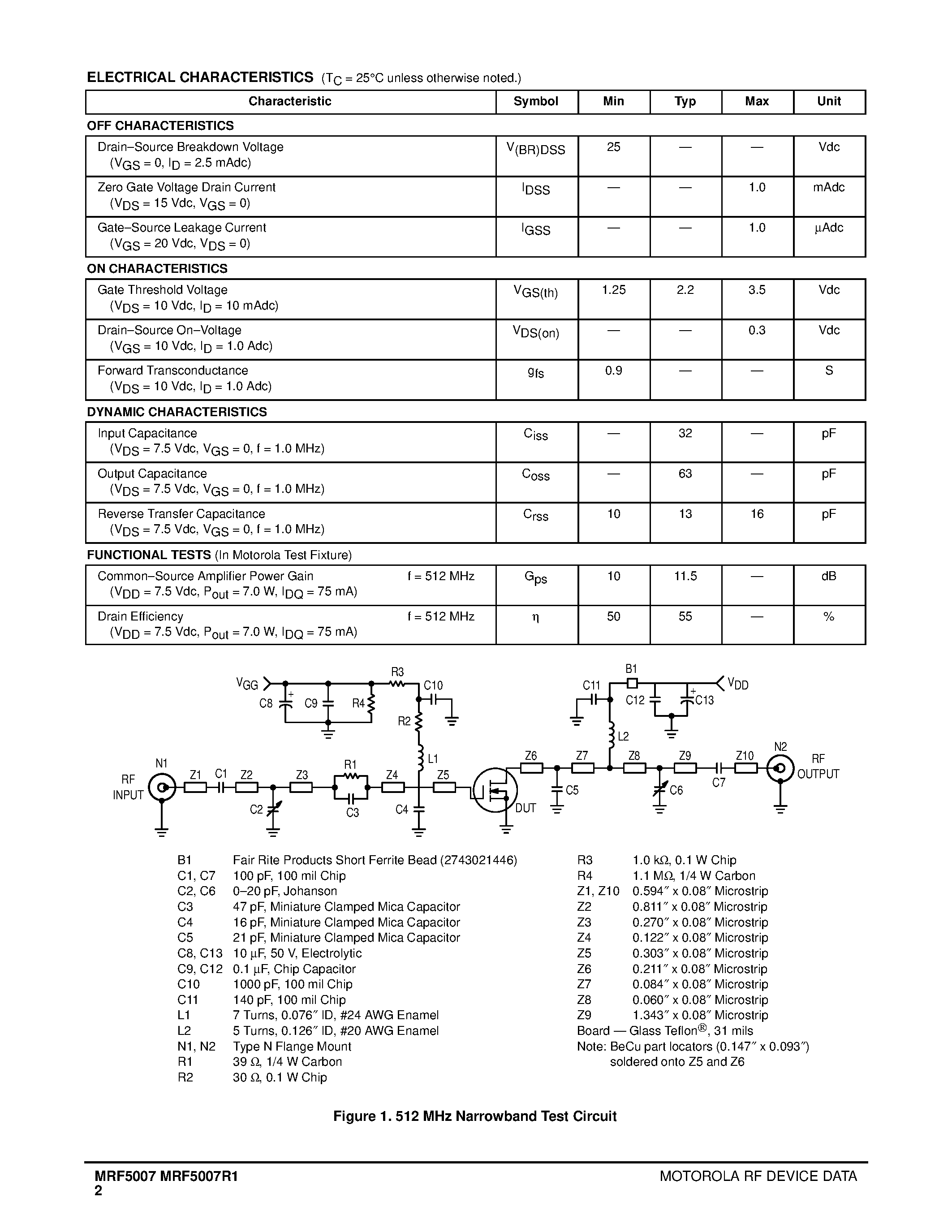 Datasheet MRF5007 - N-CHANNEL BROADBAND RF POWER FET page 2