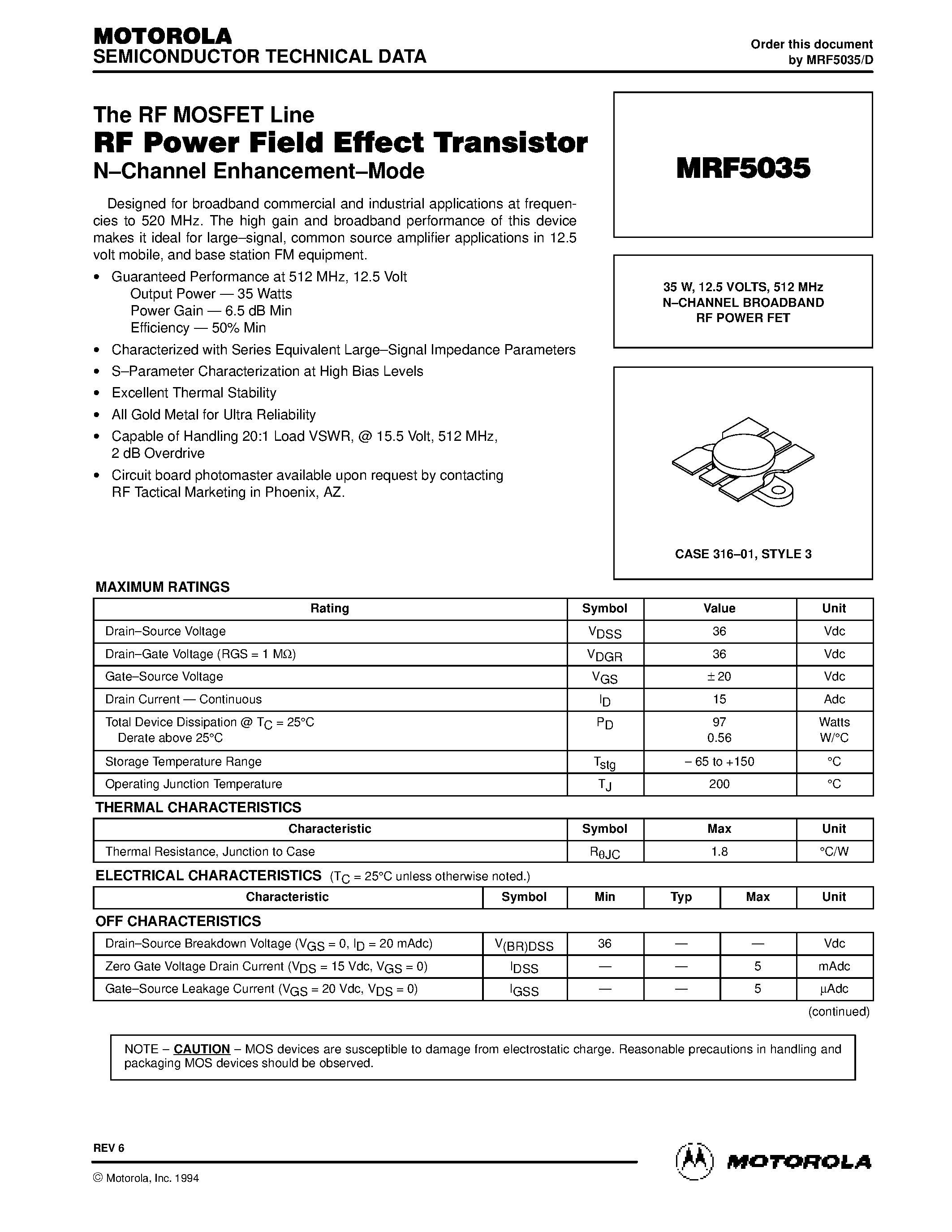 Datasheet MRF5035 - N-CHANNEL BROADBAND RF POWER FET page 1