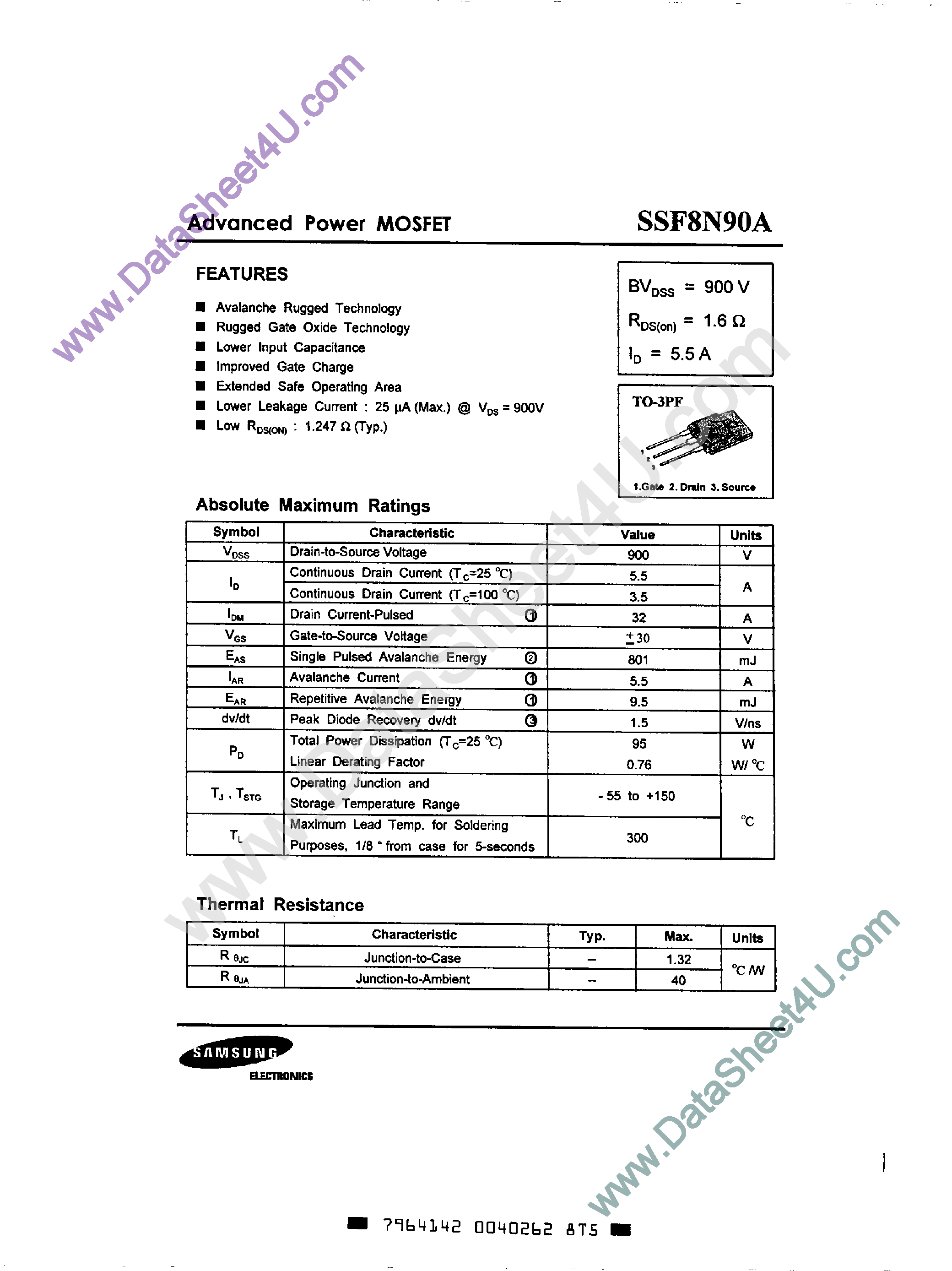 Datasheet SSF8N90A page 1 Datasheet SSF8N90A - Advanced Power MOSFET page 1