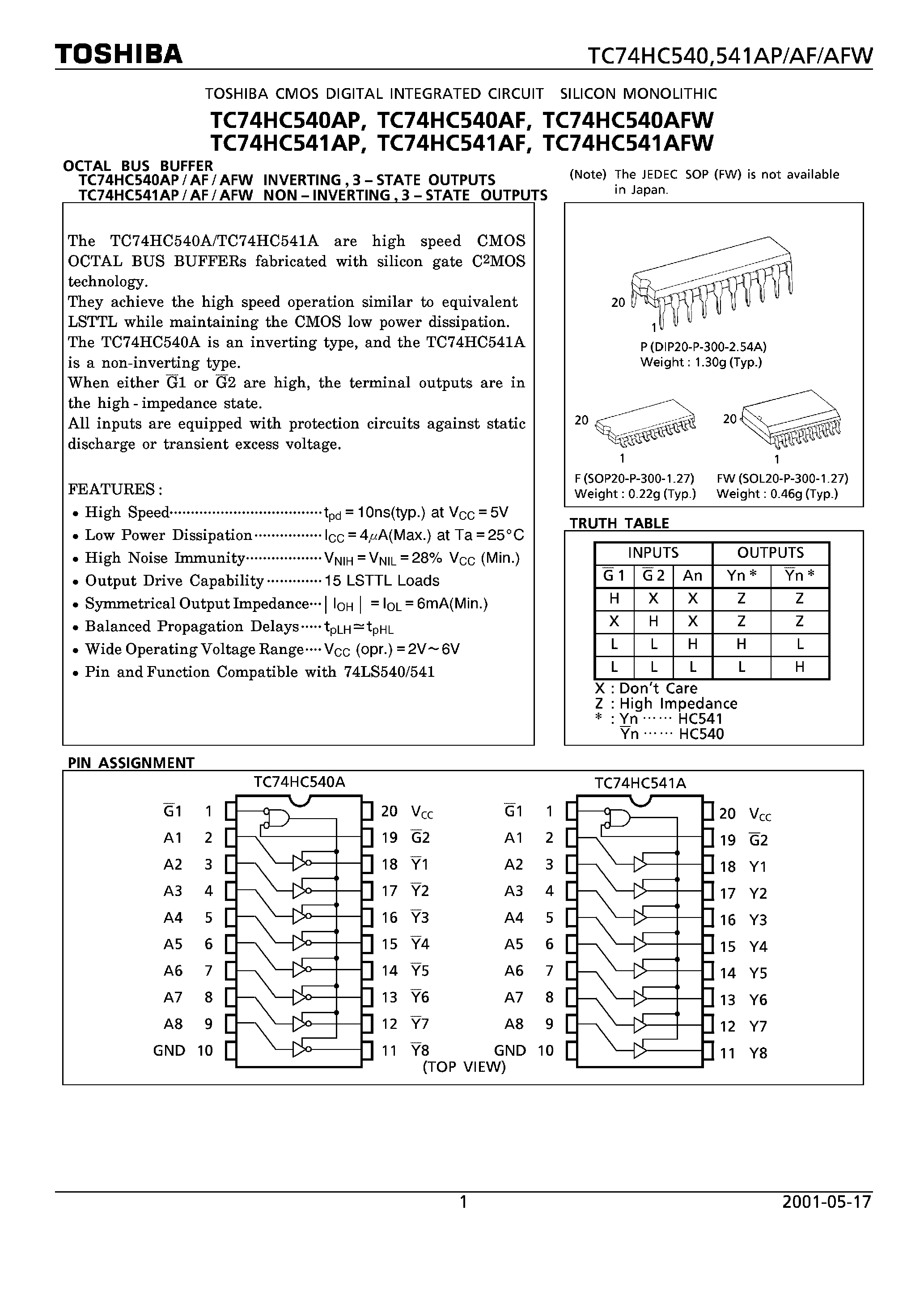 Datasheet TC74HC540A - (TC74HC540A / TC74HC541A) OCTAL BUS BUFFER INVERTING/NON-INVERTING 3-STATE OUTPUTS page 1