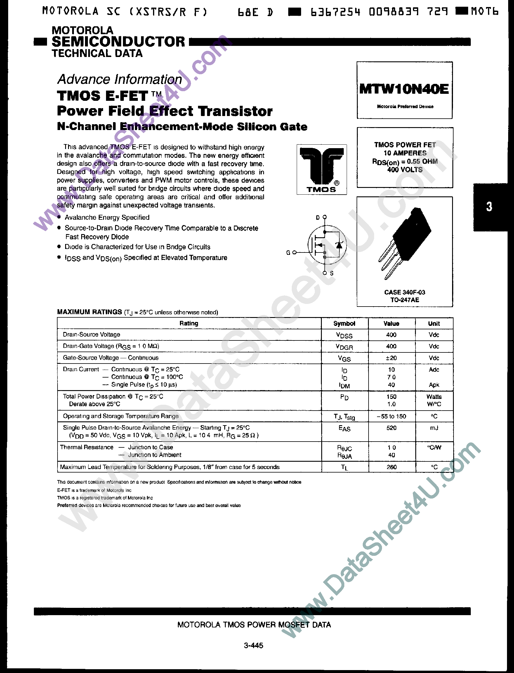 Datasheet MTW10N40E - TMOS E-FET POWER FIELD EFFECT TRANSISTOR page 1