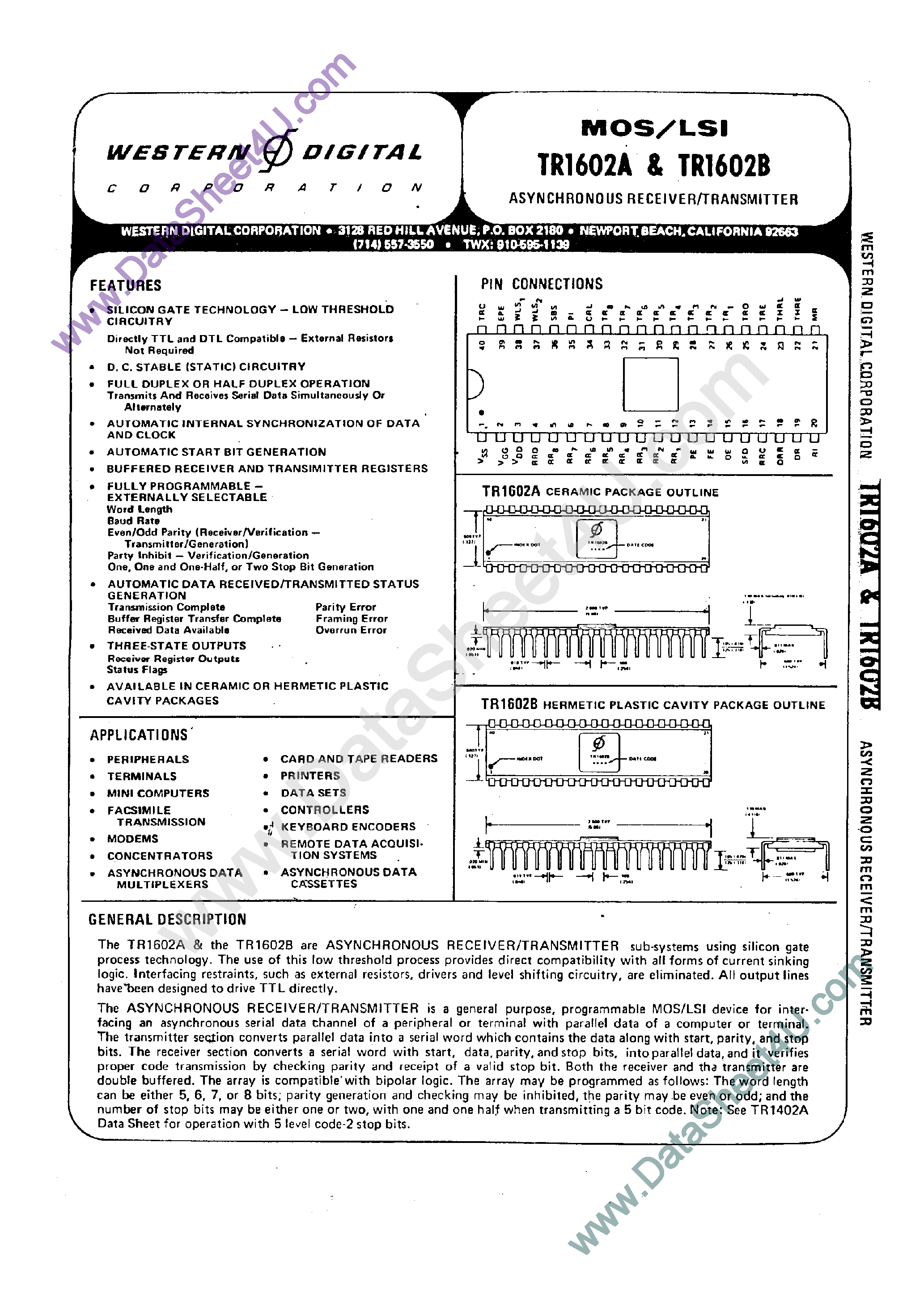 Datasheet TR1602A - (TR1602A/B) Asynchronous Reveiver Transmitter page 1