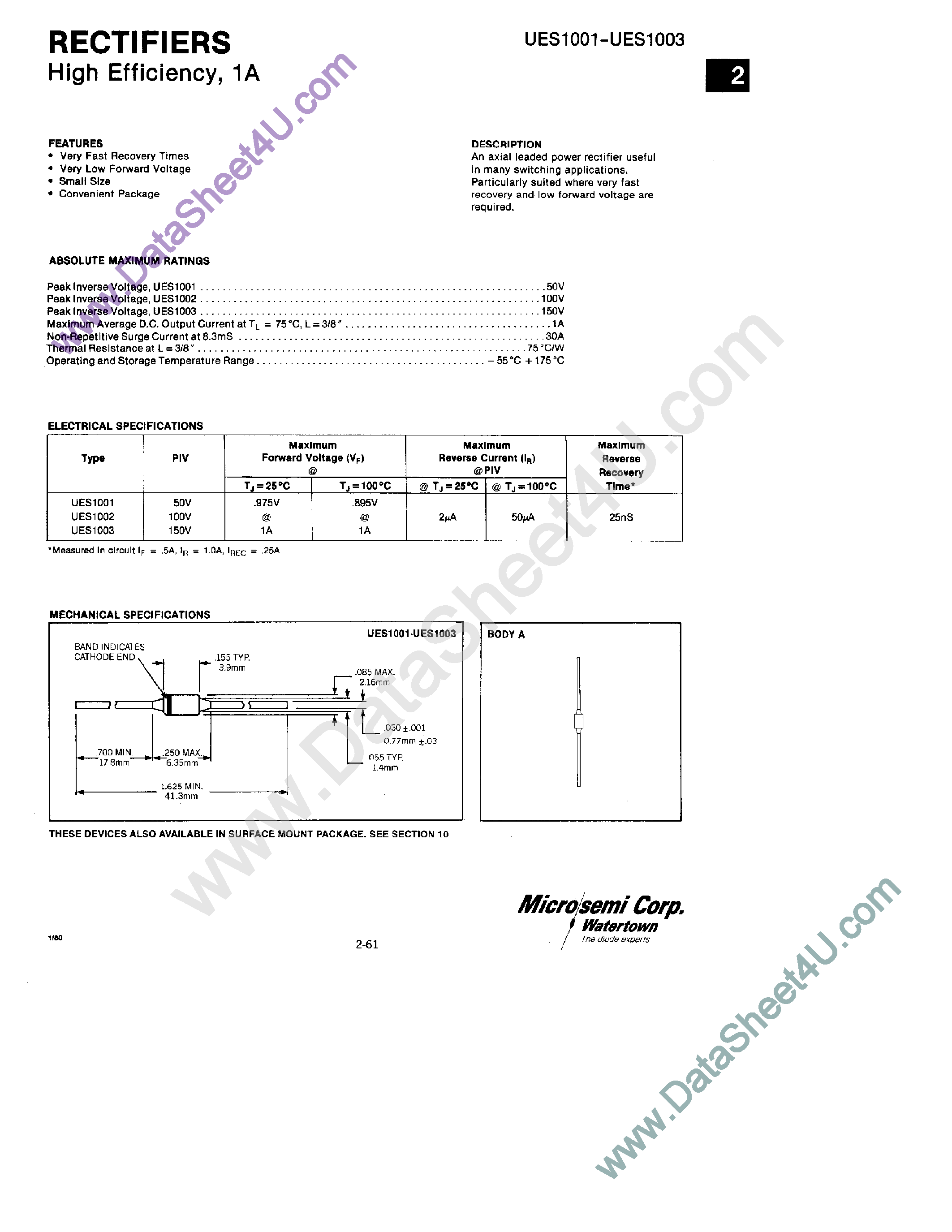 Datasheet UES1001 page 1 Datasheet UES1001 - (UES1001 - UES1003) RECTIFIERS page 1