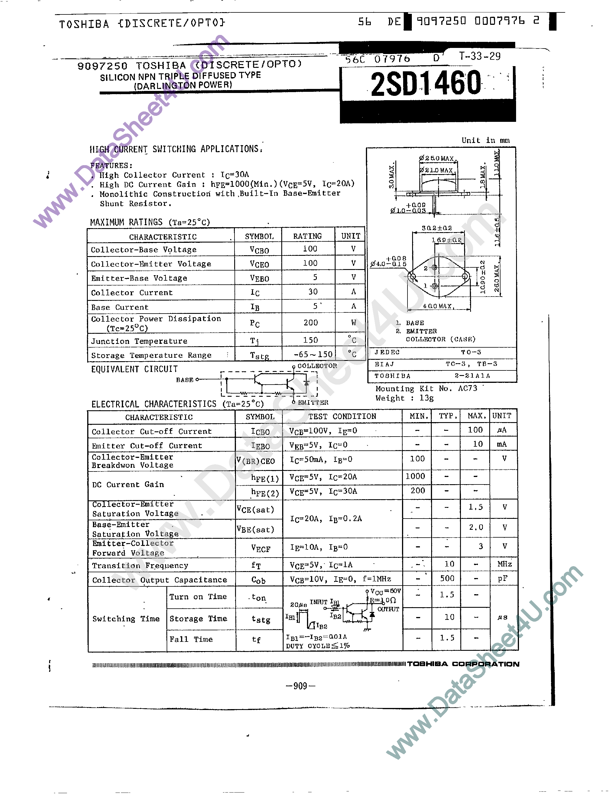 Datasheet 2SD1460 page 1 Datasheet 2SD1460 - High Current Switching Applications page 1