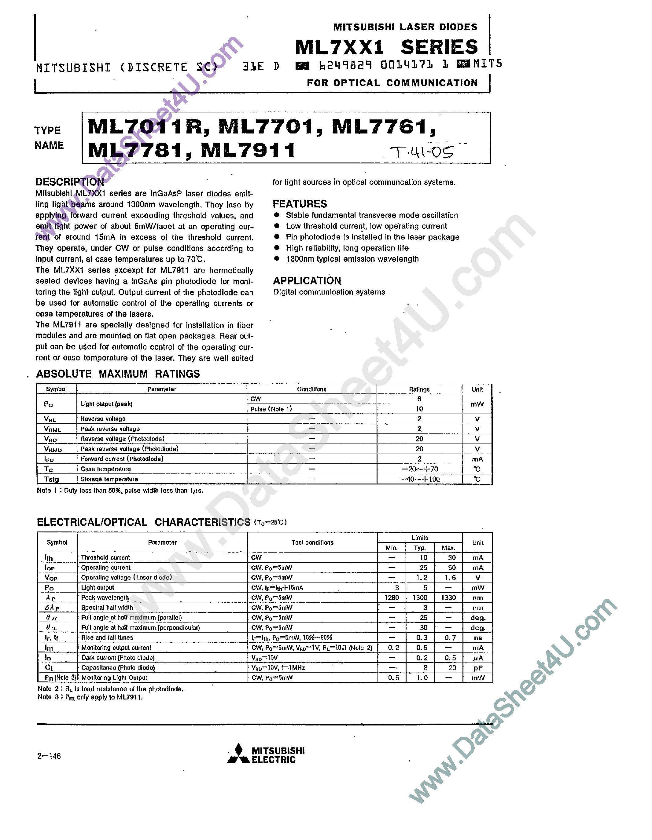 Даташит на микросхему ML7011R страница 1 Даташит ML7011R - (ML7xx1 Series) LASER DIODES FOR OPTICAL COMMUNICATION страница 1
