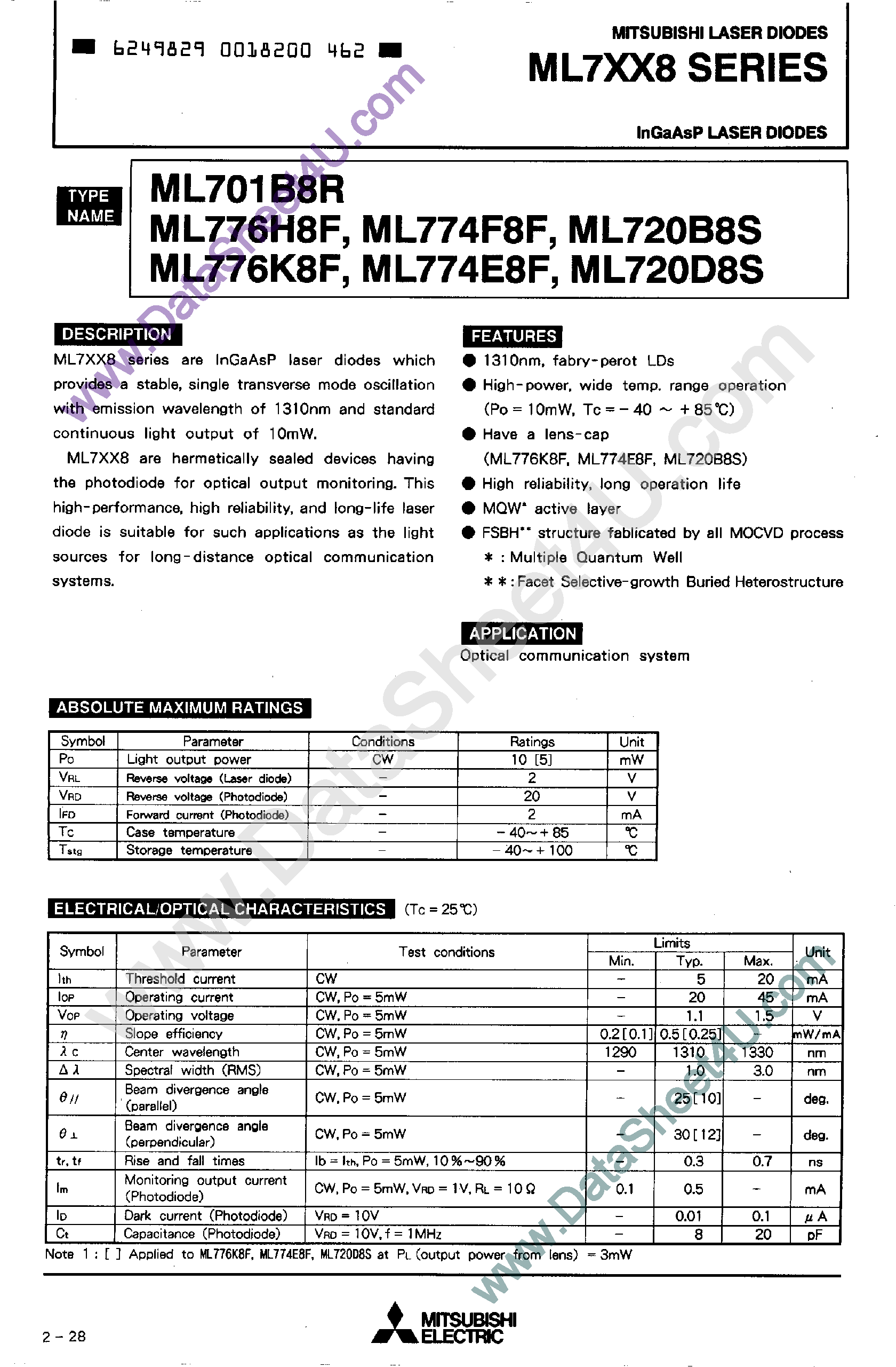 Даташит на микросхему ML701B8R страница 1 Даташит ML701B8R - (ML7xx8 Series) InGaAsP Laser Diodes страница 1