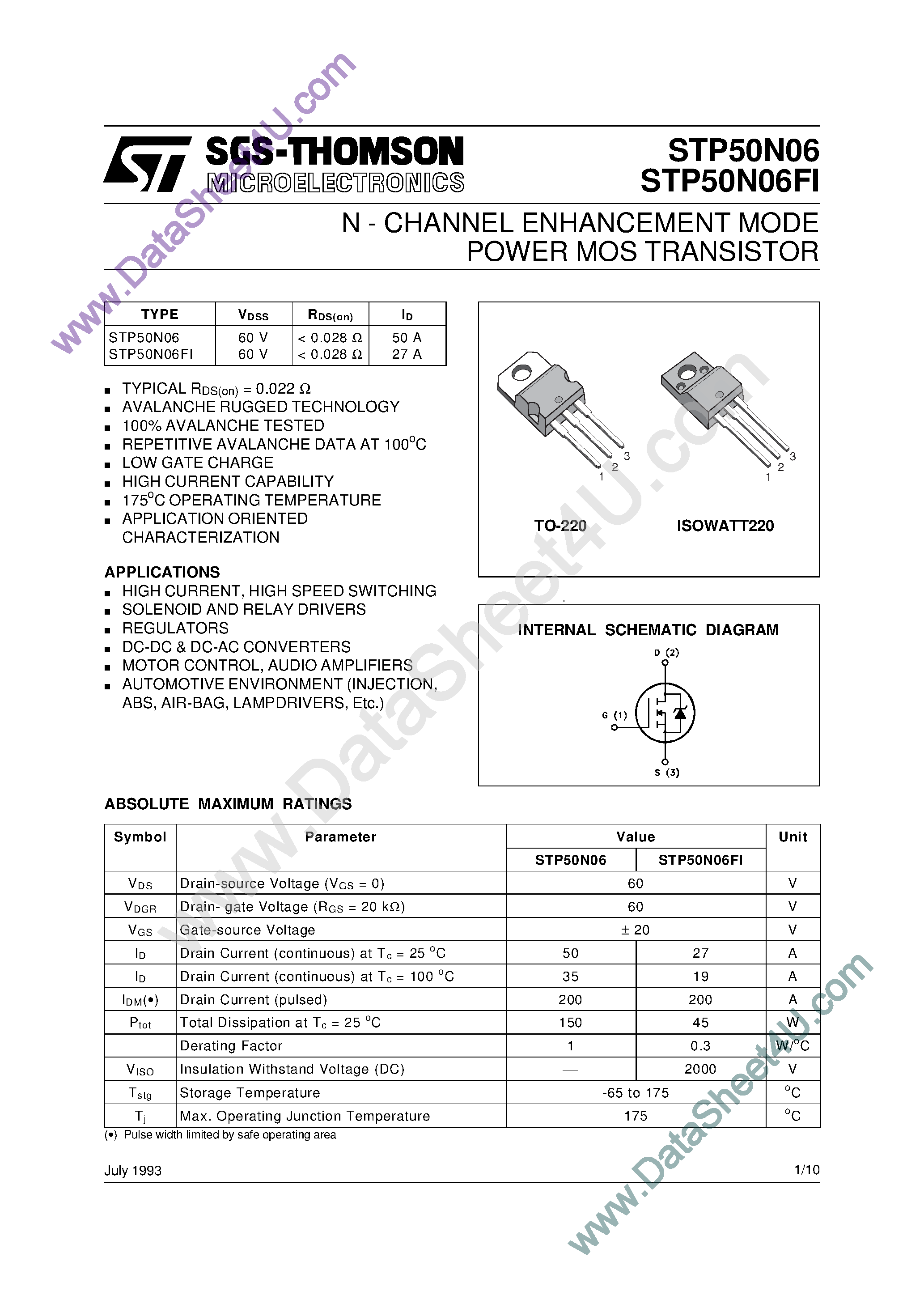 Datasheet STP50N06 - N-Channel Enhancement Mode Power MOS Transistor page 1