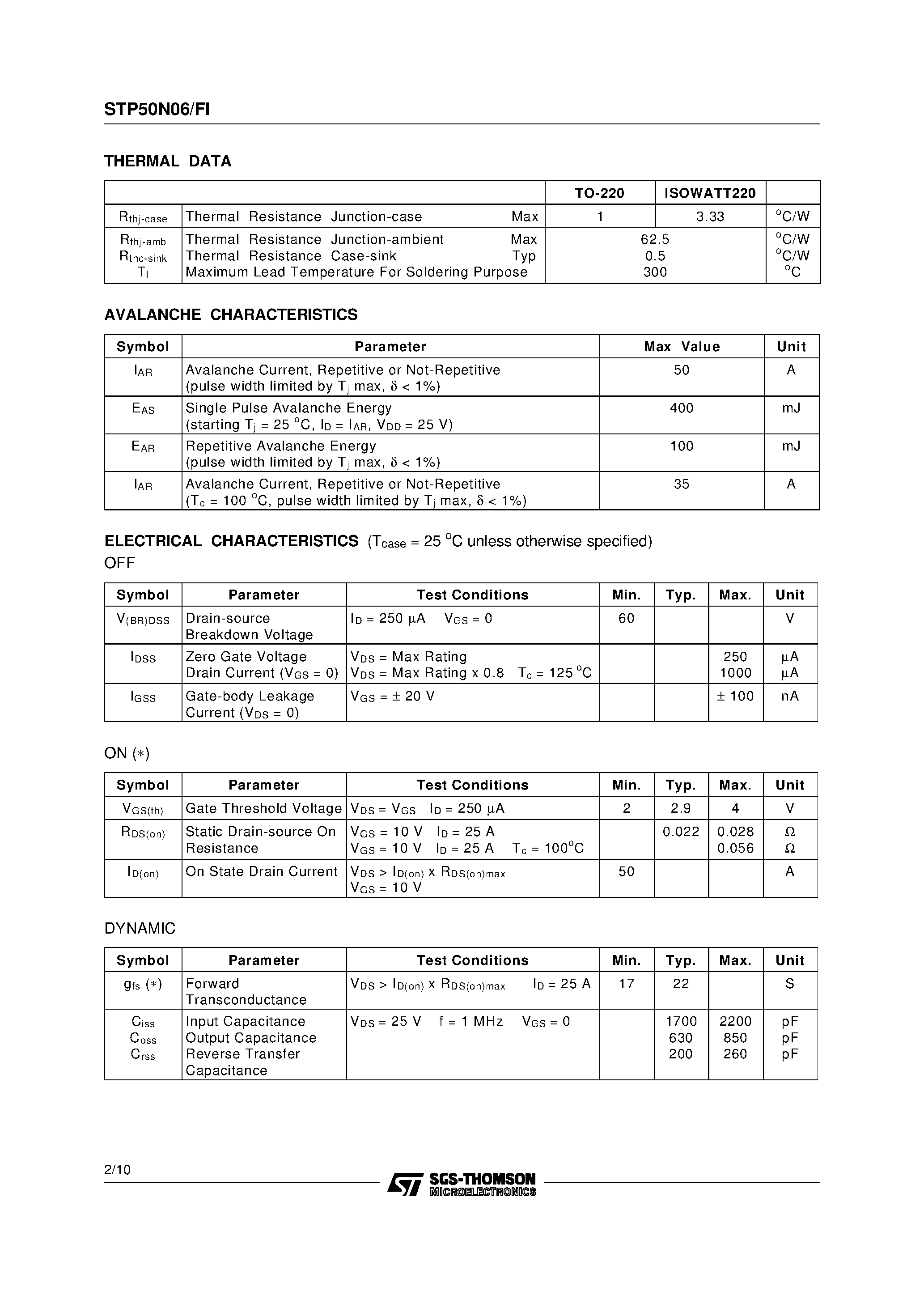 Datasheet STP50N06 - N-Channel Enhancement Mode Power MOS Transistor page 2