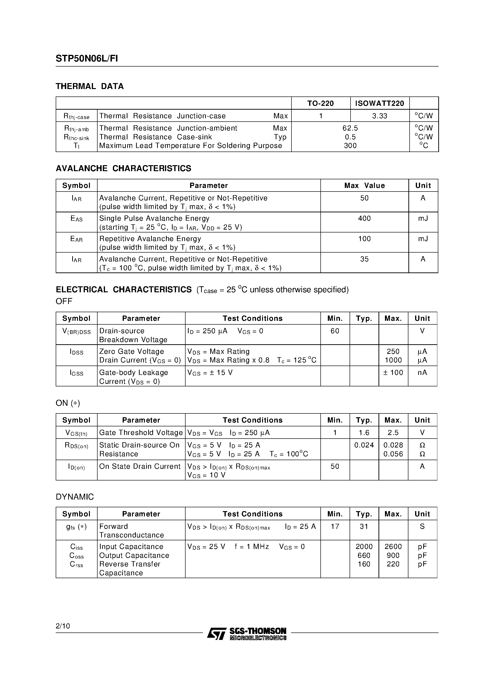 Datasheet STP50N06L page 2 Datasheet STP50N06L - N-Channel Enhancement Mode Power MOS Transistor page 2