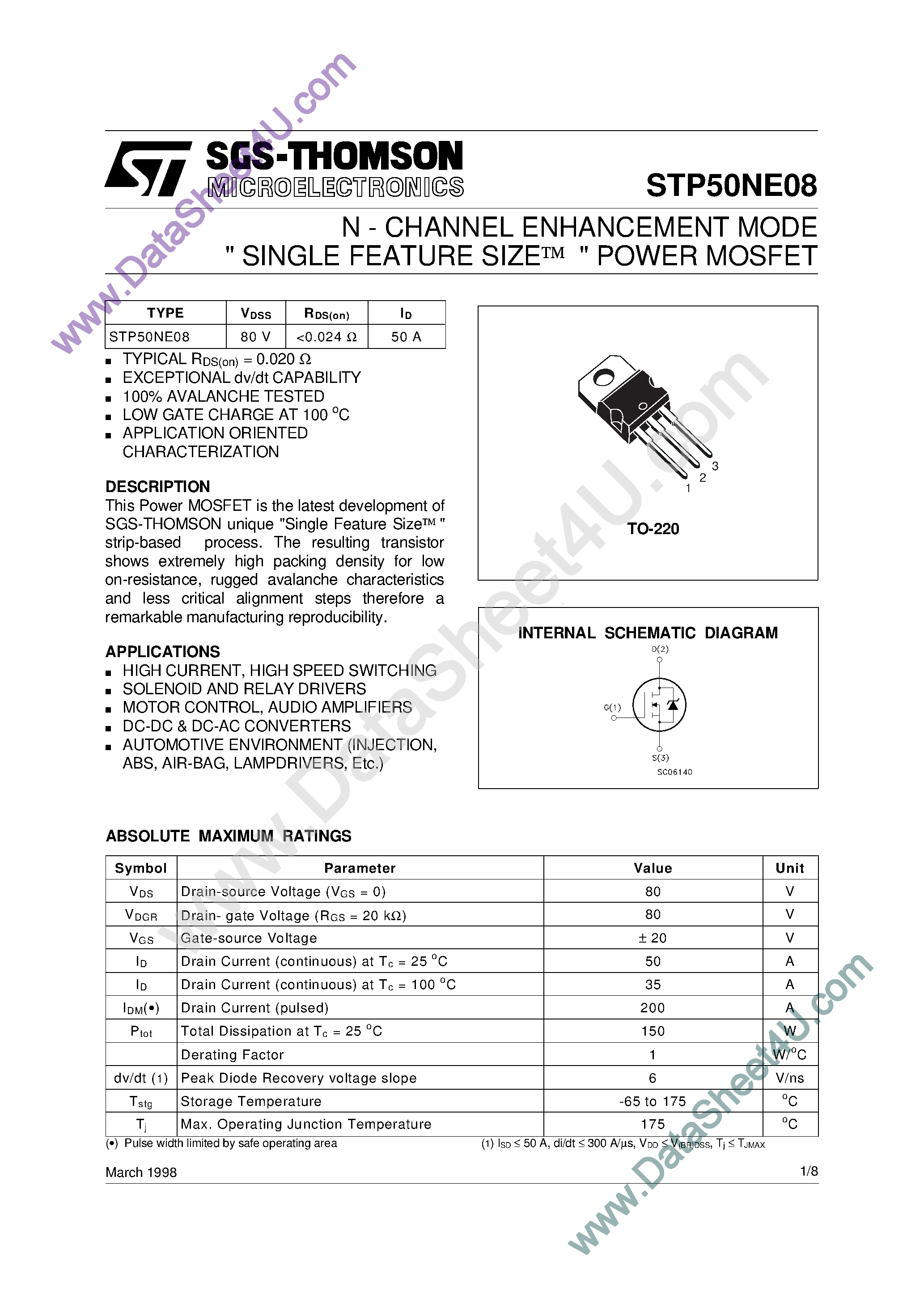 Datasheet STP50NE08 page 1 Datasheet STP50NE08 - N-Channel Enhancement Mode Power MOS Transistor page 1