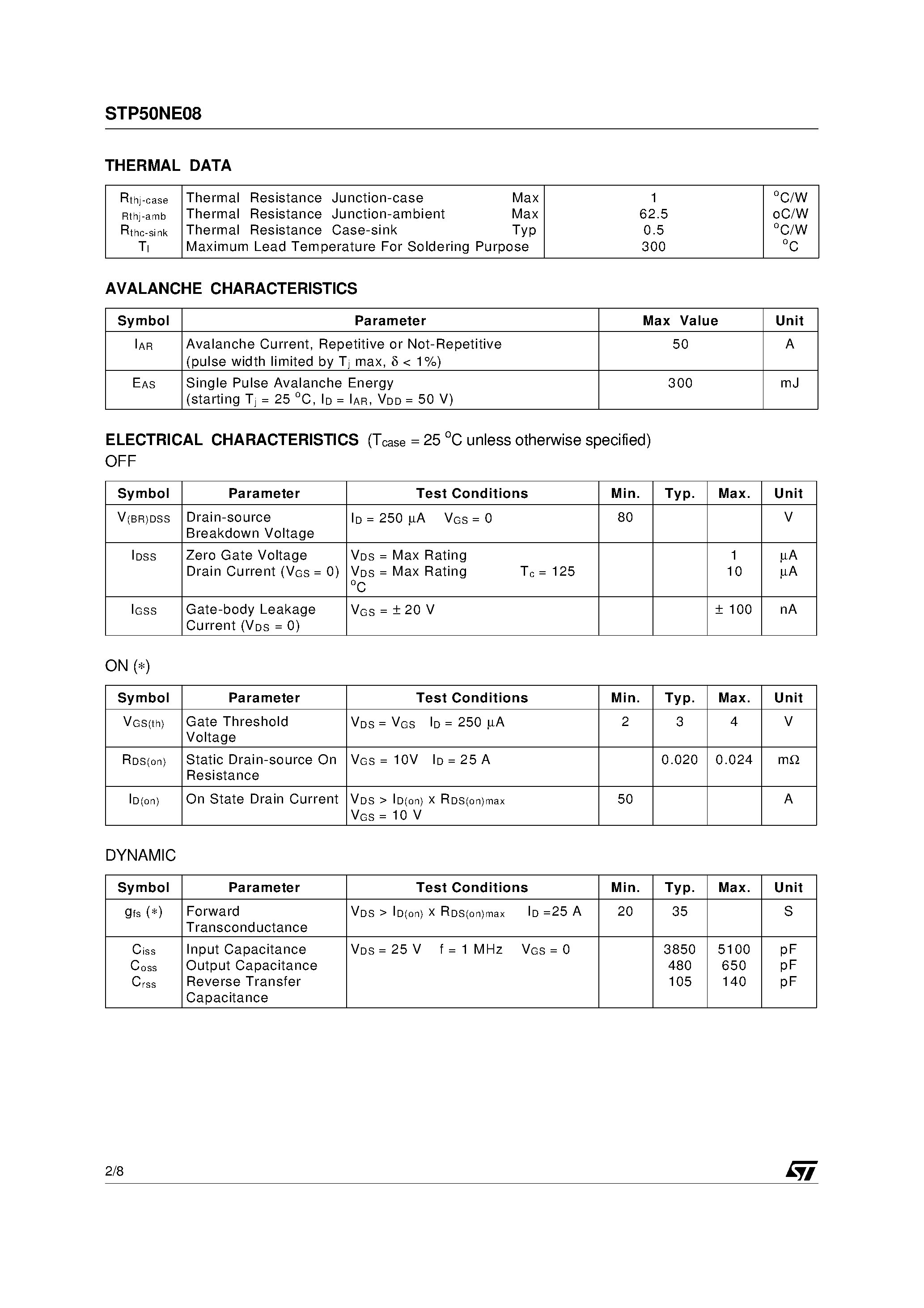 Datasheet STP50NE08 page 2 Datasheet STP50NE08 - N-Channel Enhancement Mode Power MOS Transistor page 2