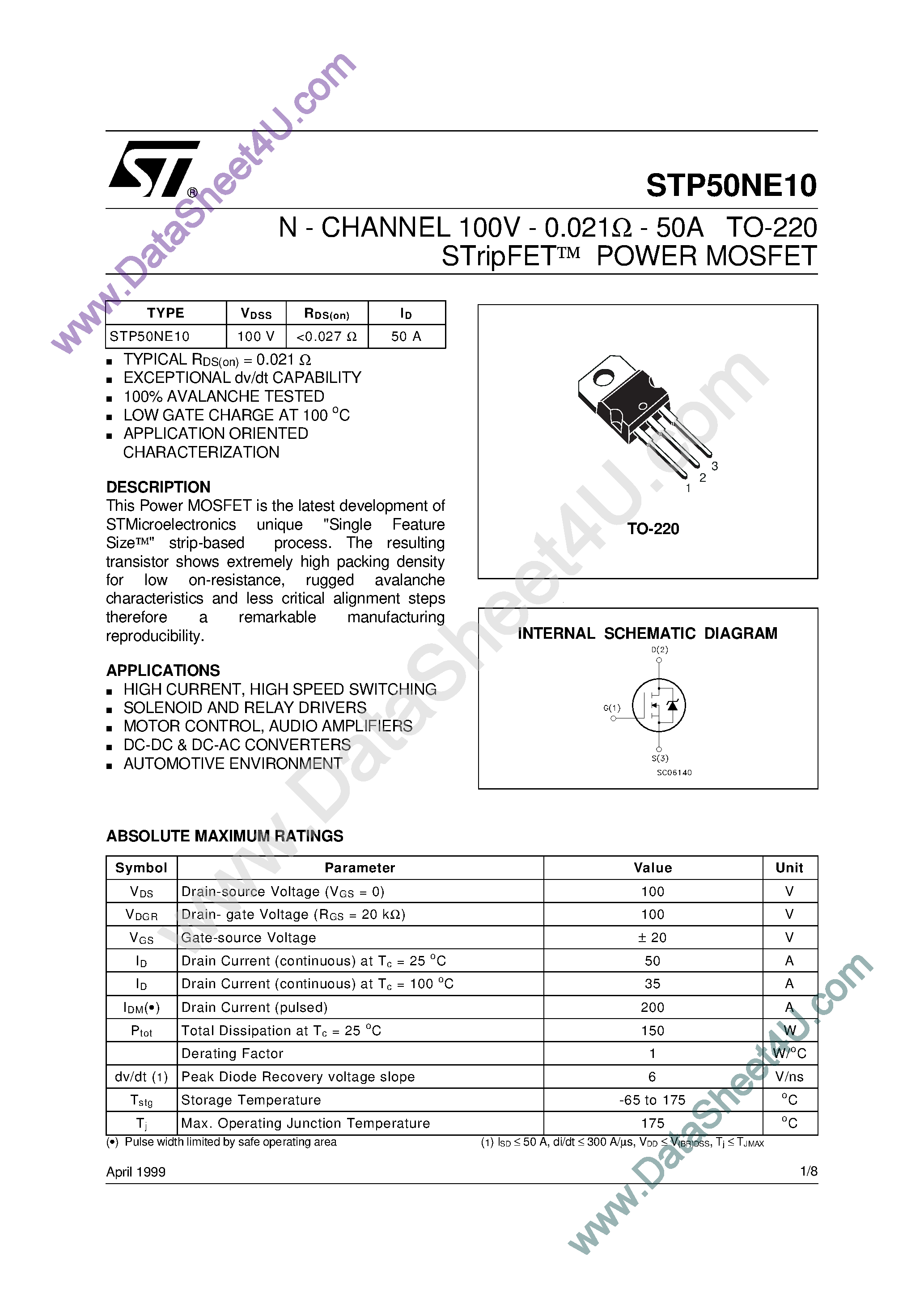 Datasheet STP50NE10 page 1 Datasheet STP50NE10 - N-Channel Enhancement Mode Power MOS Transistor page 1