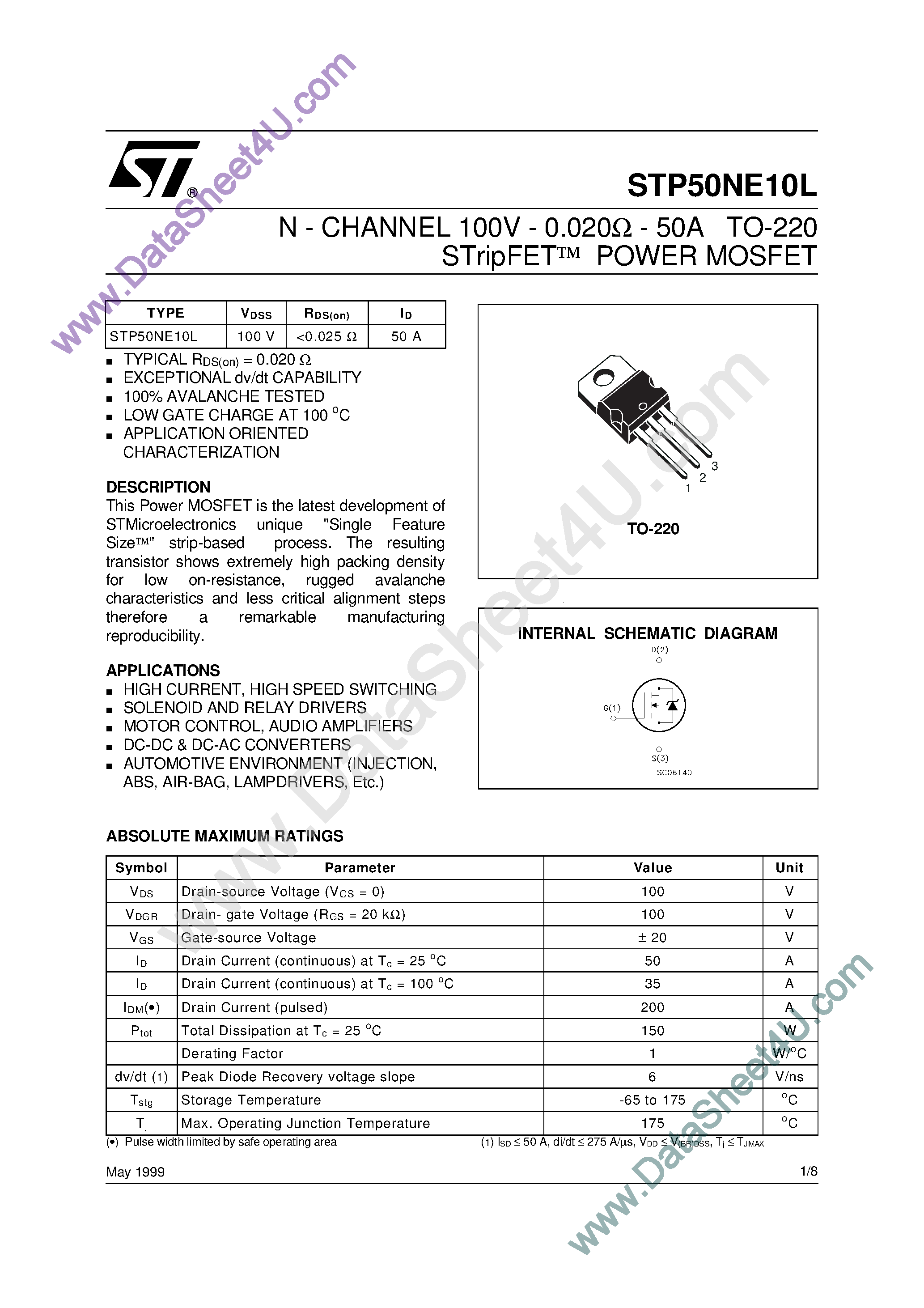 Datasheet STP50NE10L page 1 Datasheet STP50NE10L - N-Channel Enhancement Mode Power MOS Transistor page 1
