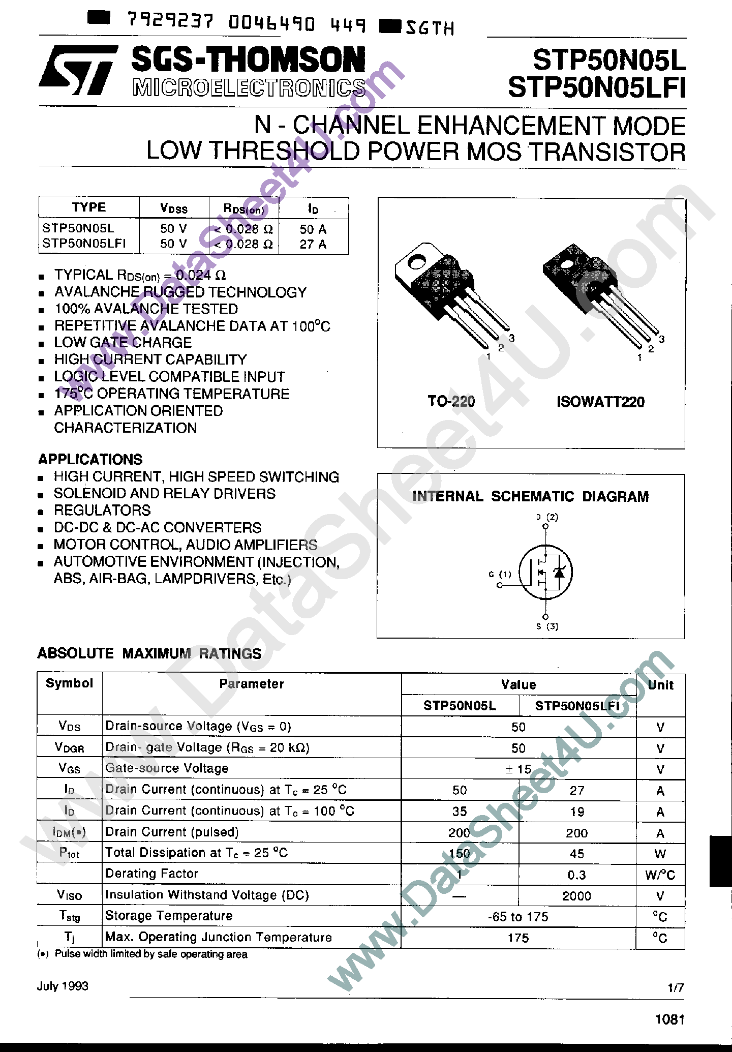 Datasheet STP50N05L page 1 Datasheet STP50N05L - N-Channel Enhancement Mode Power MOS Transistor page 1