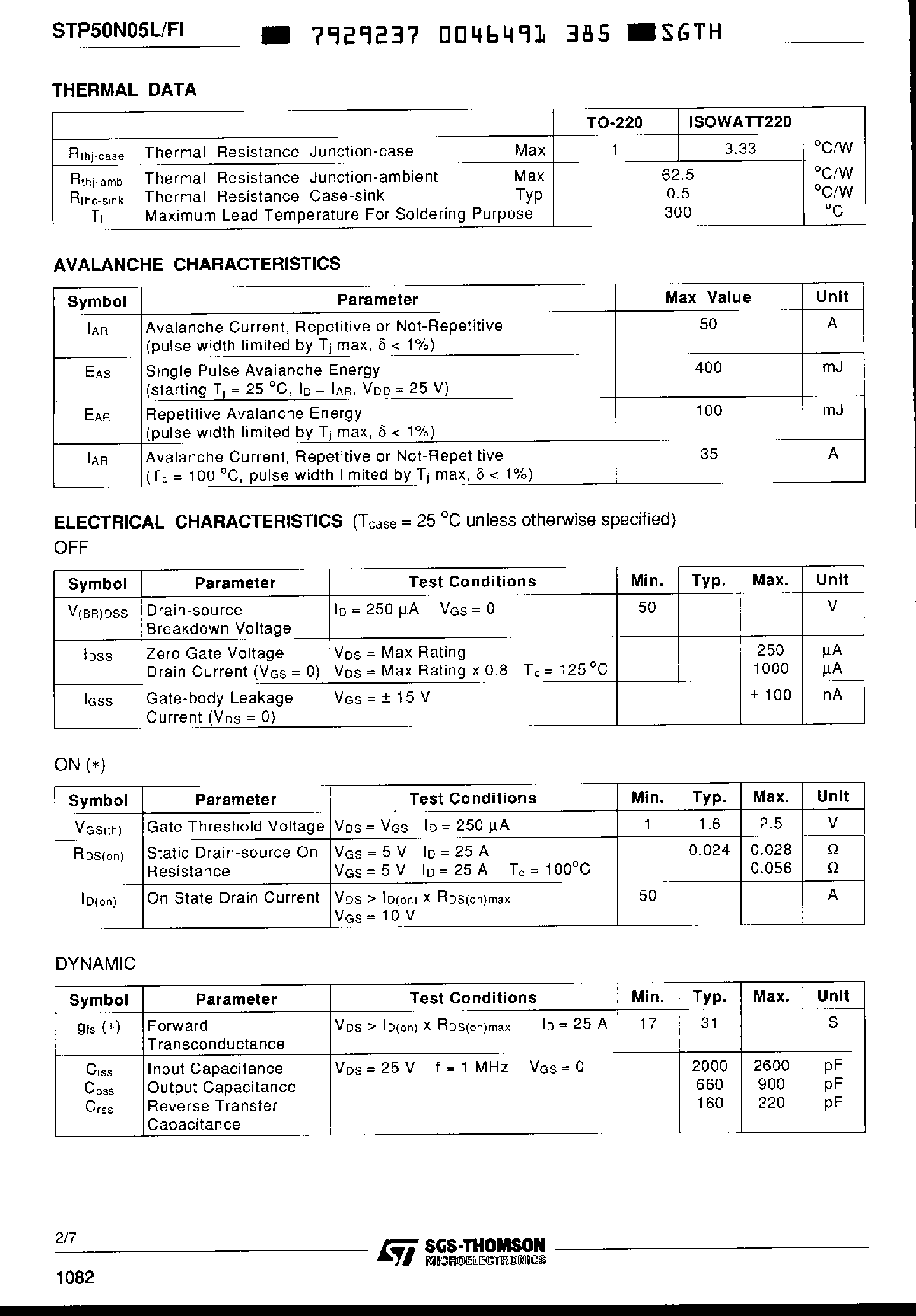 Datasheet STP50N05L page 2 Datasheet STP50N05L - N-Channel Enhancement Mode Power MOS Transistor page 2