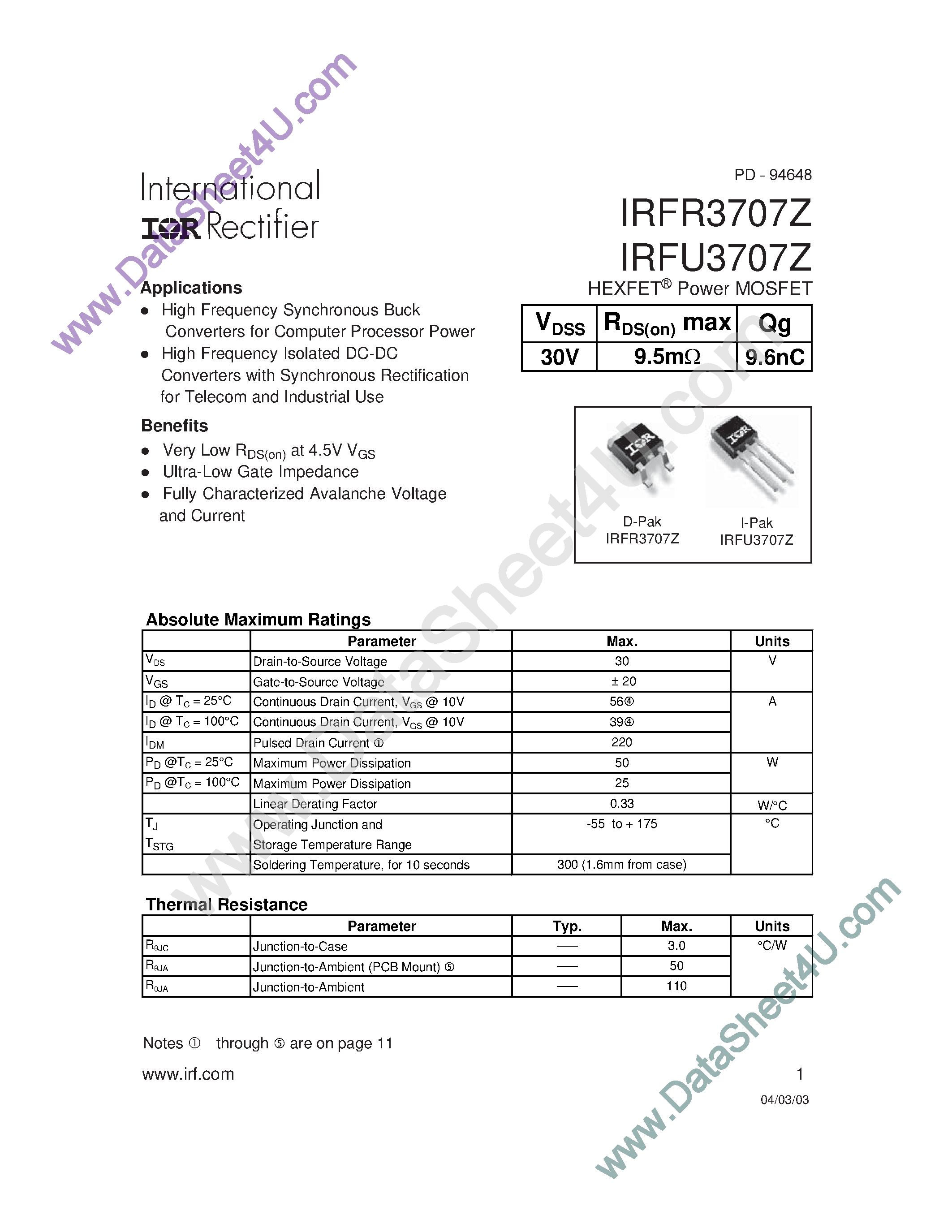 Datasheet IRFR3707Z page 1 Datasheet IRFR3707Z - Power MOSFET page 1
