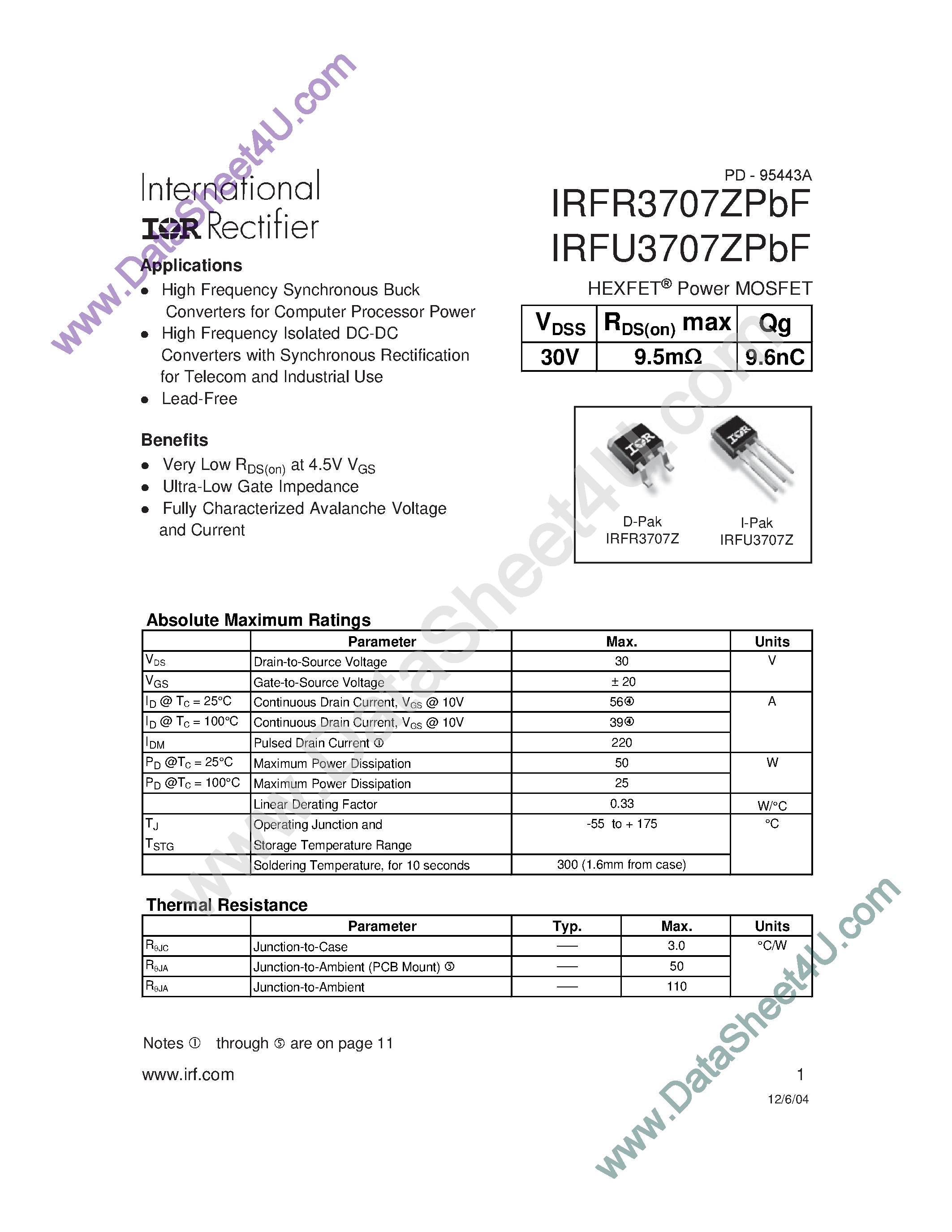 Datasheet IRFR3707ZPBF page 1 Datasheet IRFR3707ZPBF - HEXFET Power MOSFET page 1