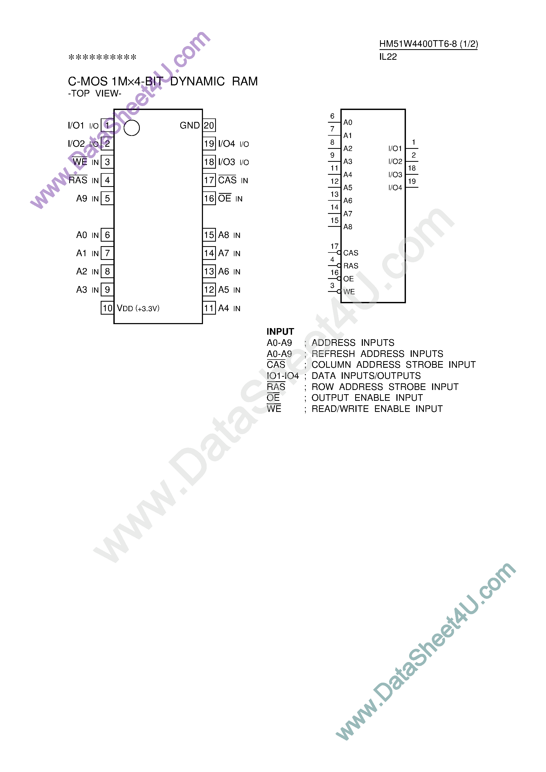 Datasheet HM51W4400TT6-8 - CMOS 1M x 4-Bit DRAM page 1