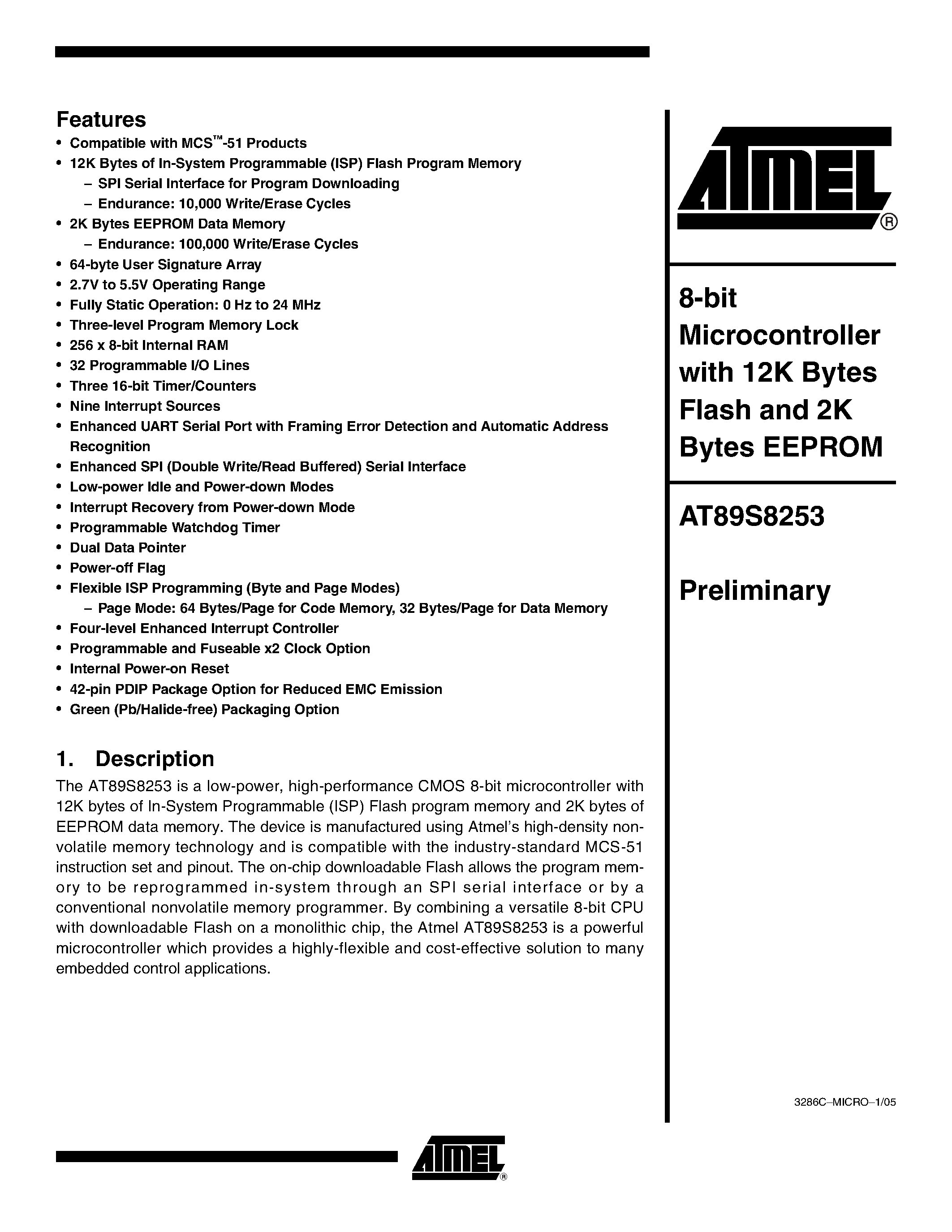 Datasheet 89S8253 - 8-Bit Microcontroller page 1