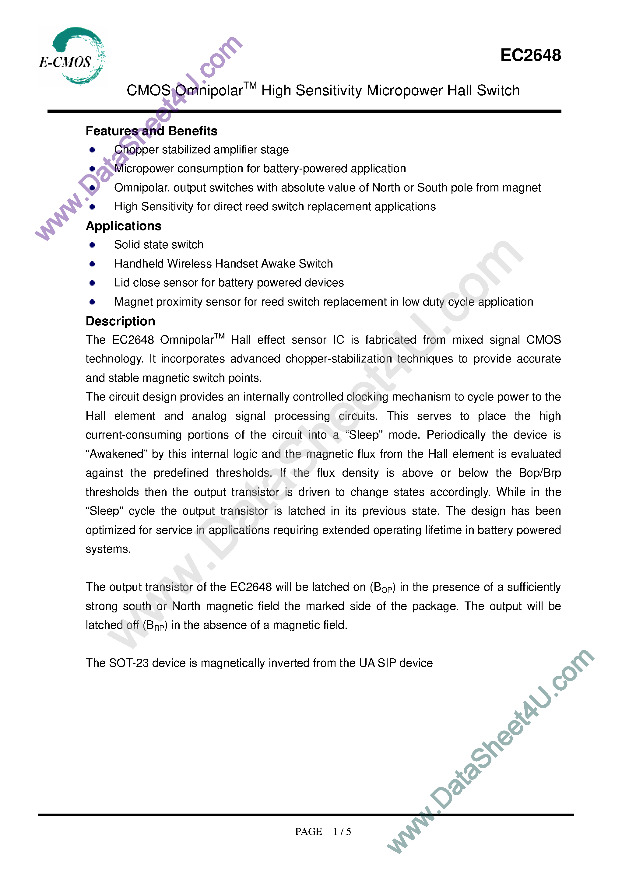 Даташит EC2648 - CMOS High Sensitivity Micropower Hall Switch страница 1