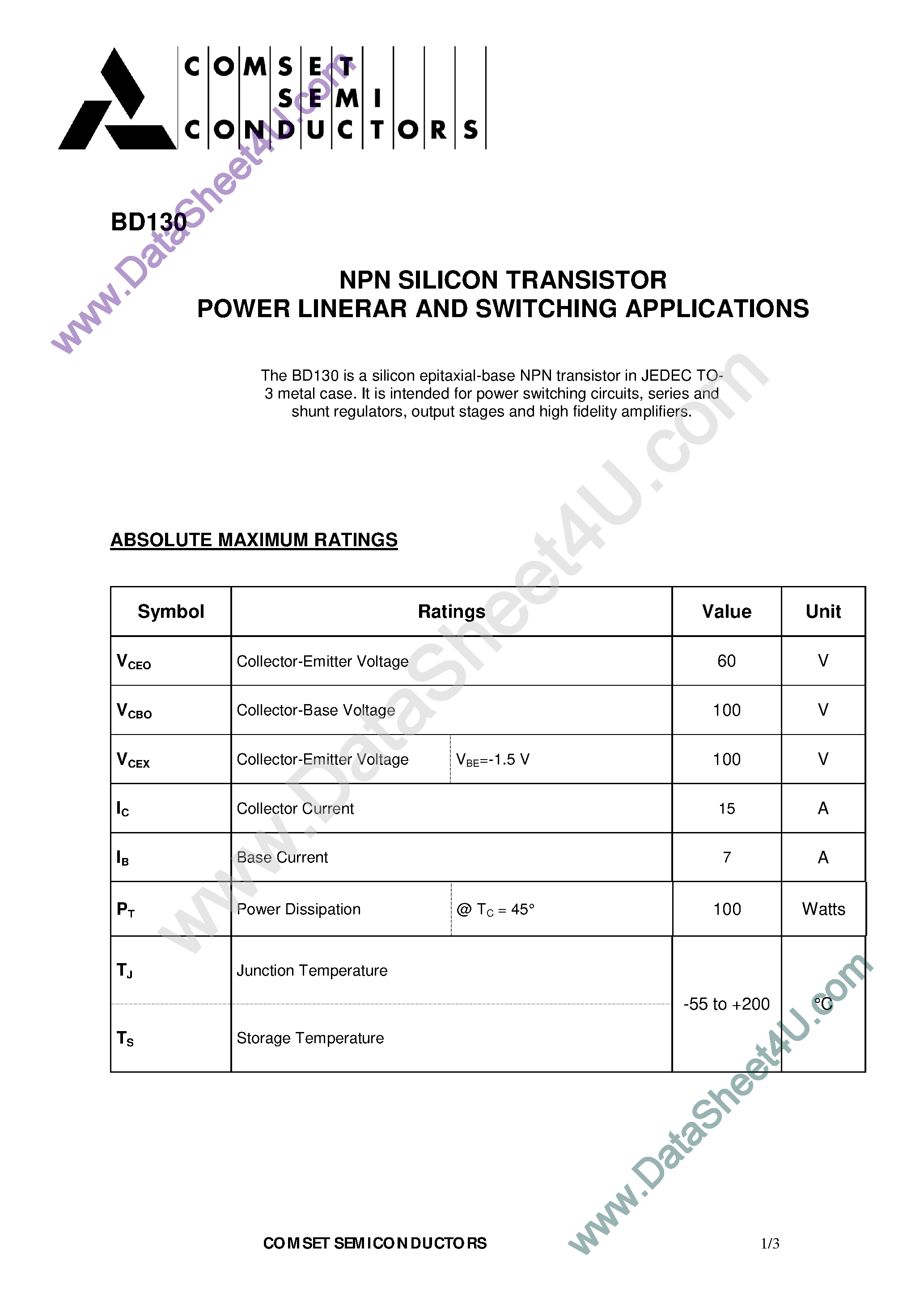 Datasheet BD130 page 1 Datasheet BD130 - NPN Silicon Transistor page 1