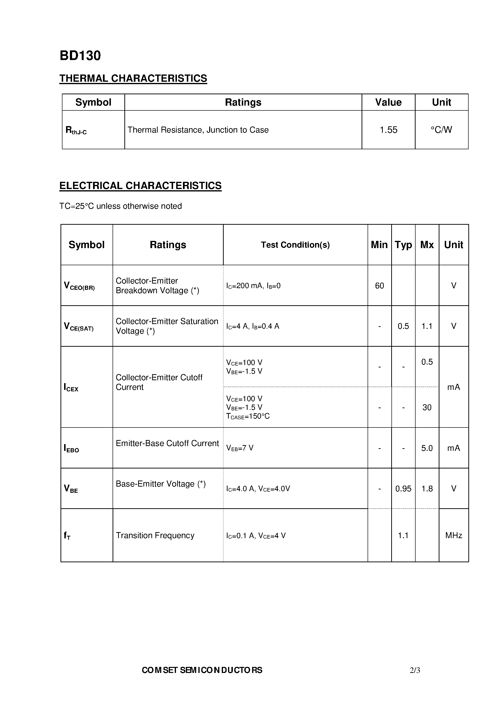 Datasheet BD130 page 2 Datasheet BD130 - NPN Silicon Transistor page 2