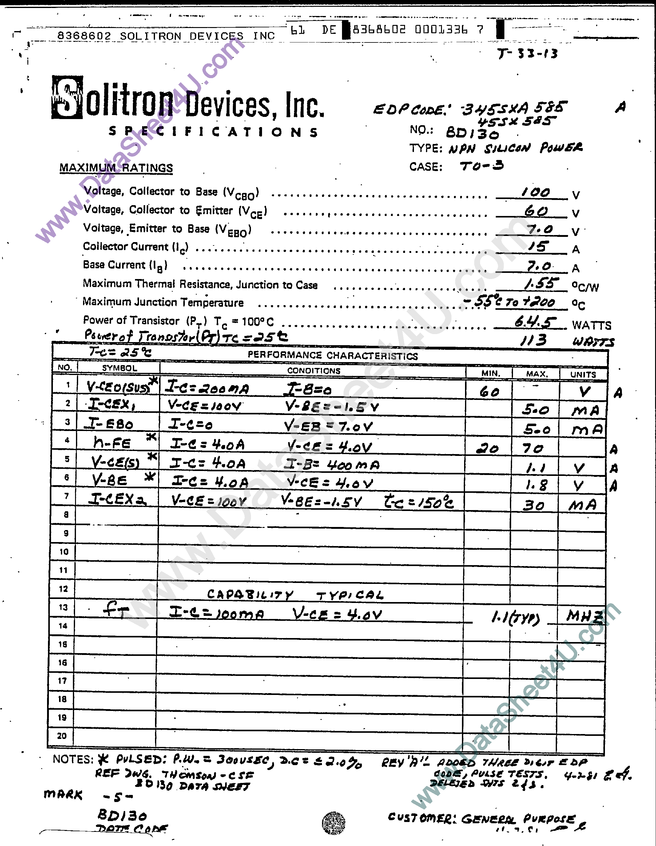 Datasheet BD130 page 1 Datasheet BD130 - NPN Silicon Power page 1