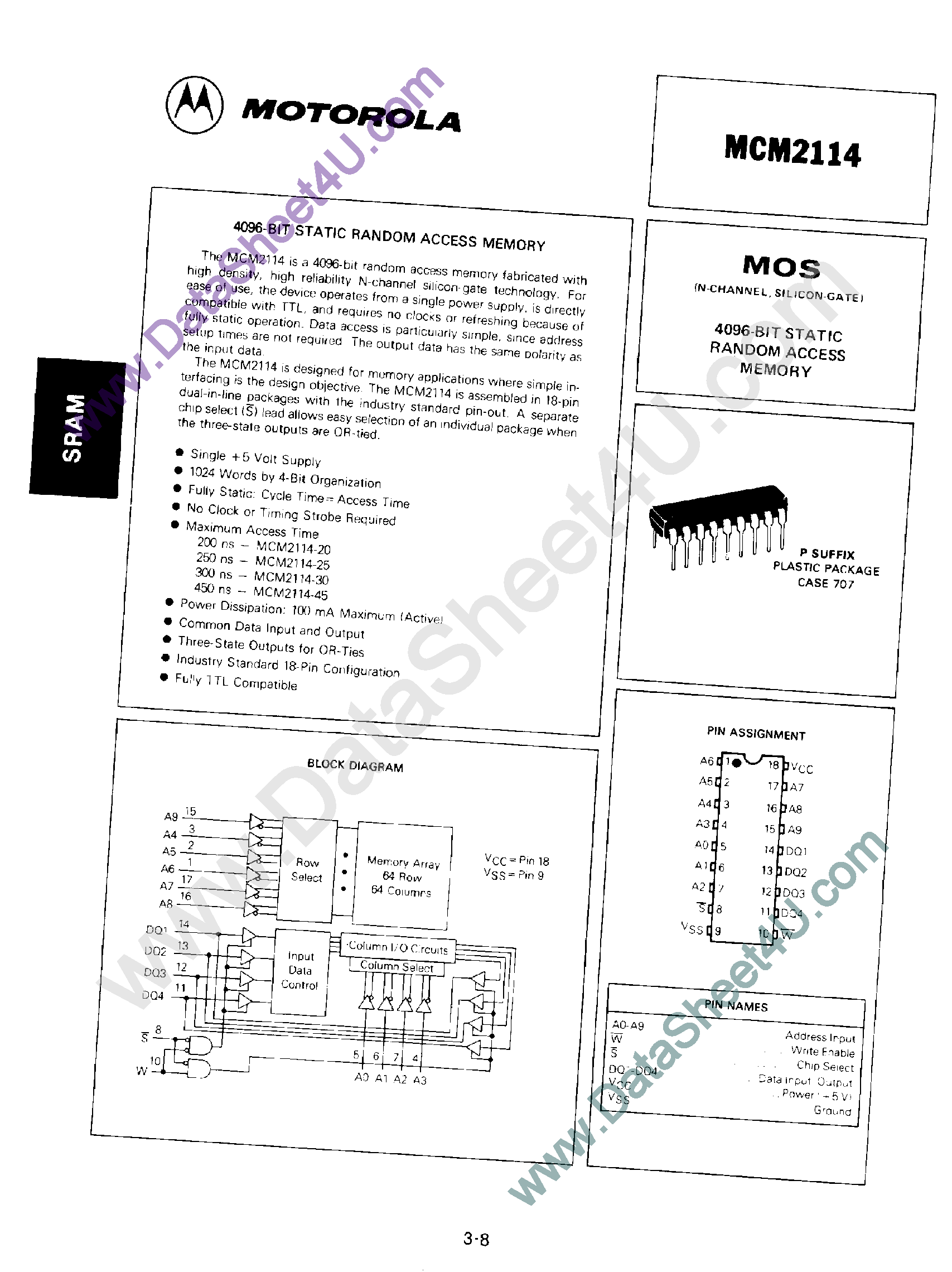 Datasheet MCM2114 - 4096-Bit Static RAM page 1