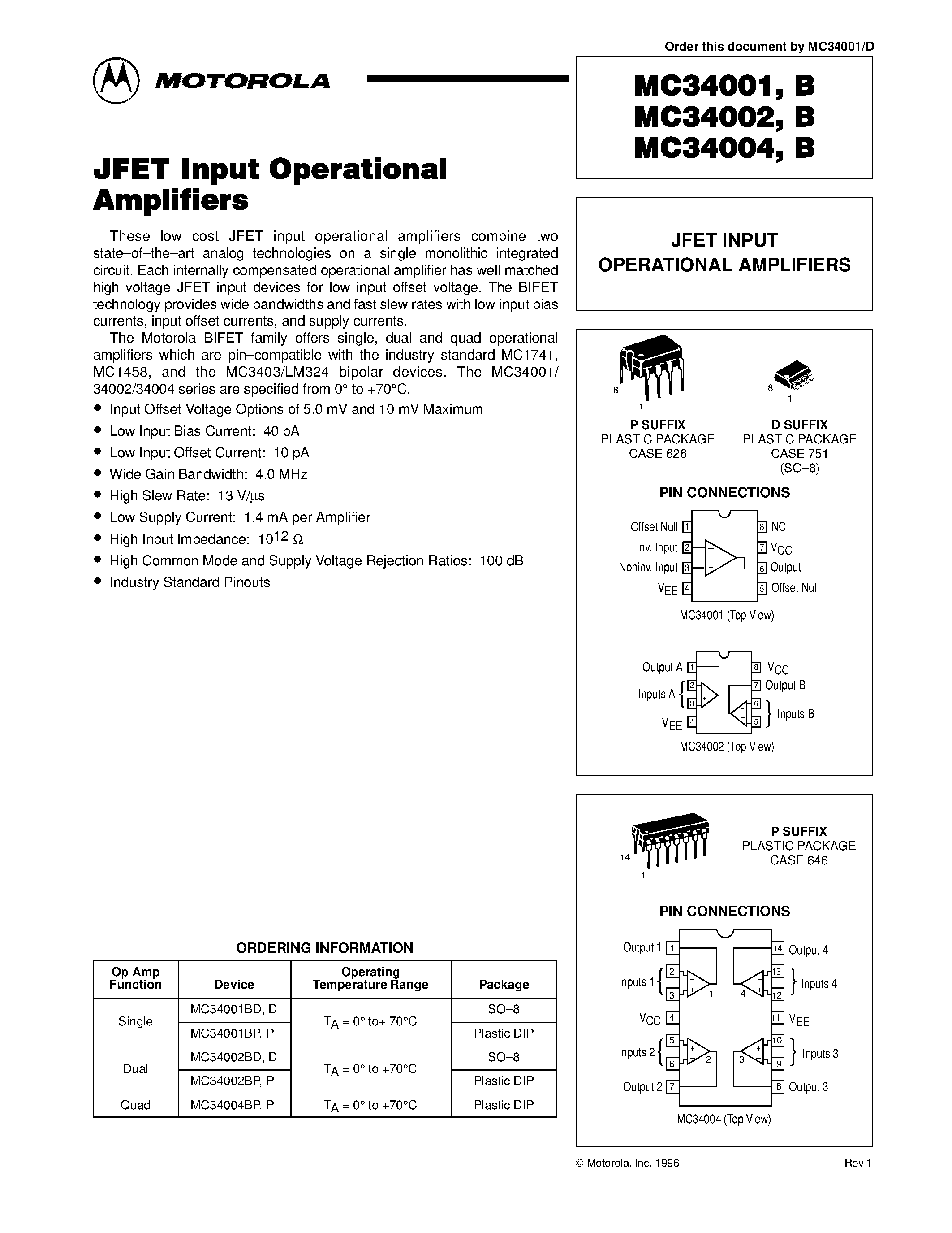 Даташит MC34001 - (MC34001 - MC34004) JFET INPUT OPERATIONAL AMPLIFIERS страница 1