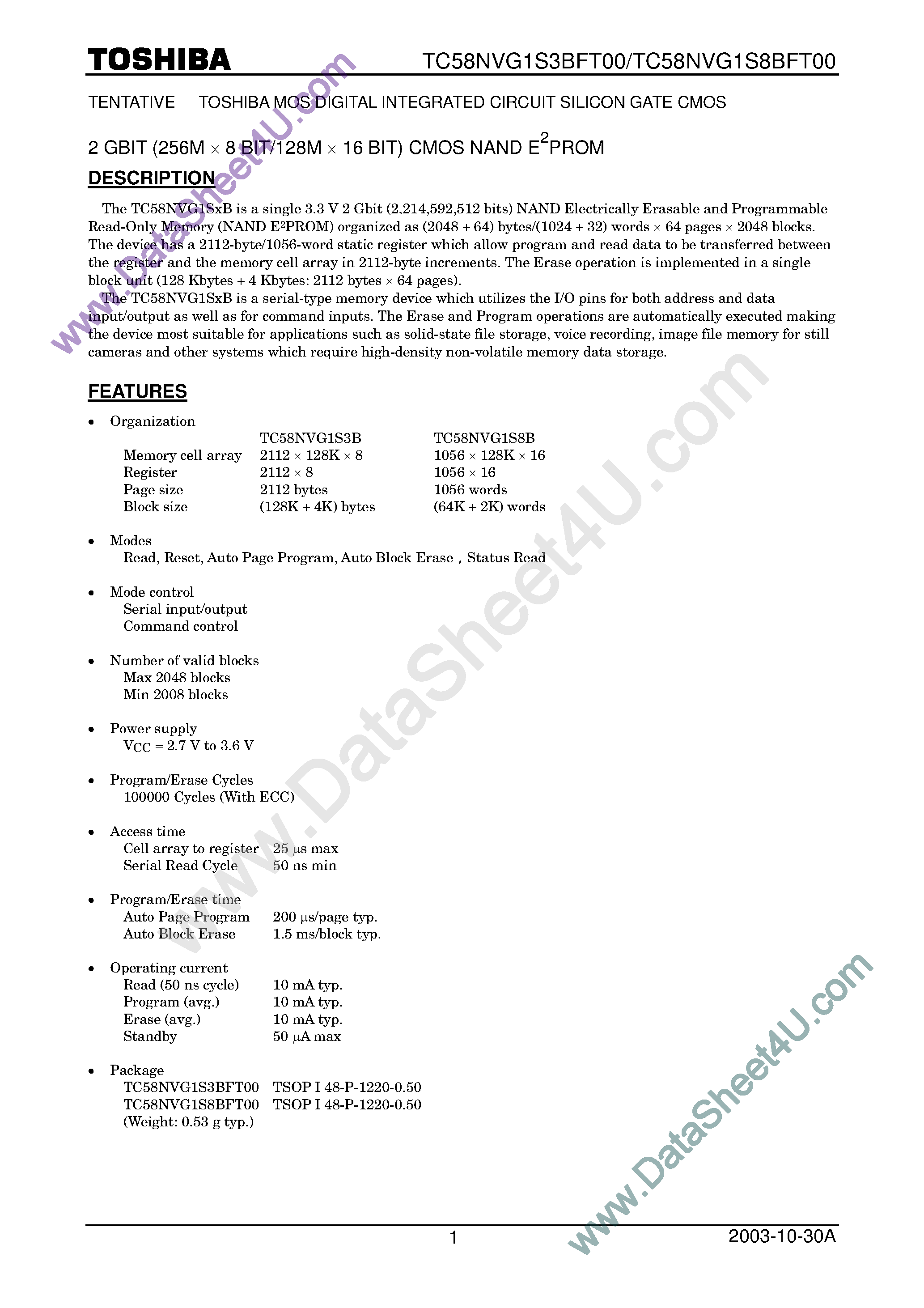 Datasheet TC58NVG1S3BFT00 - (TC58NVG1S3BFT00) 2 GBit CMOS NAND EPROM page 1